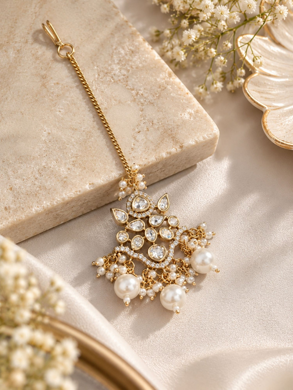 Kundan Polki Pearl Drop Maang Tikka Gold Plated | Abdesigns
