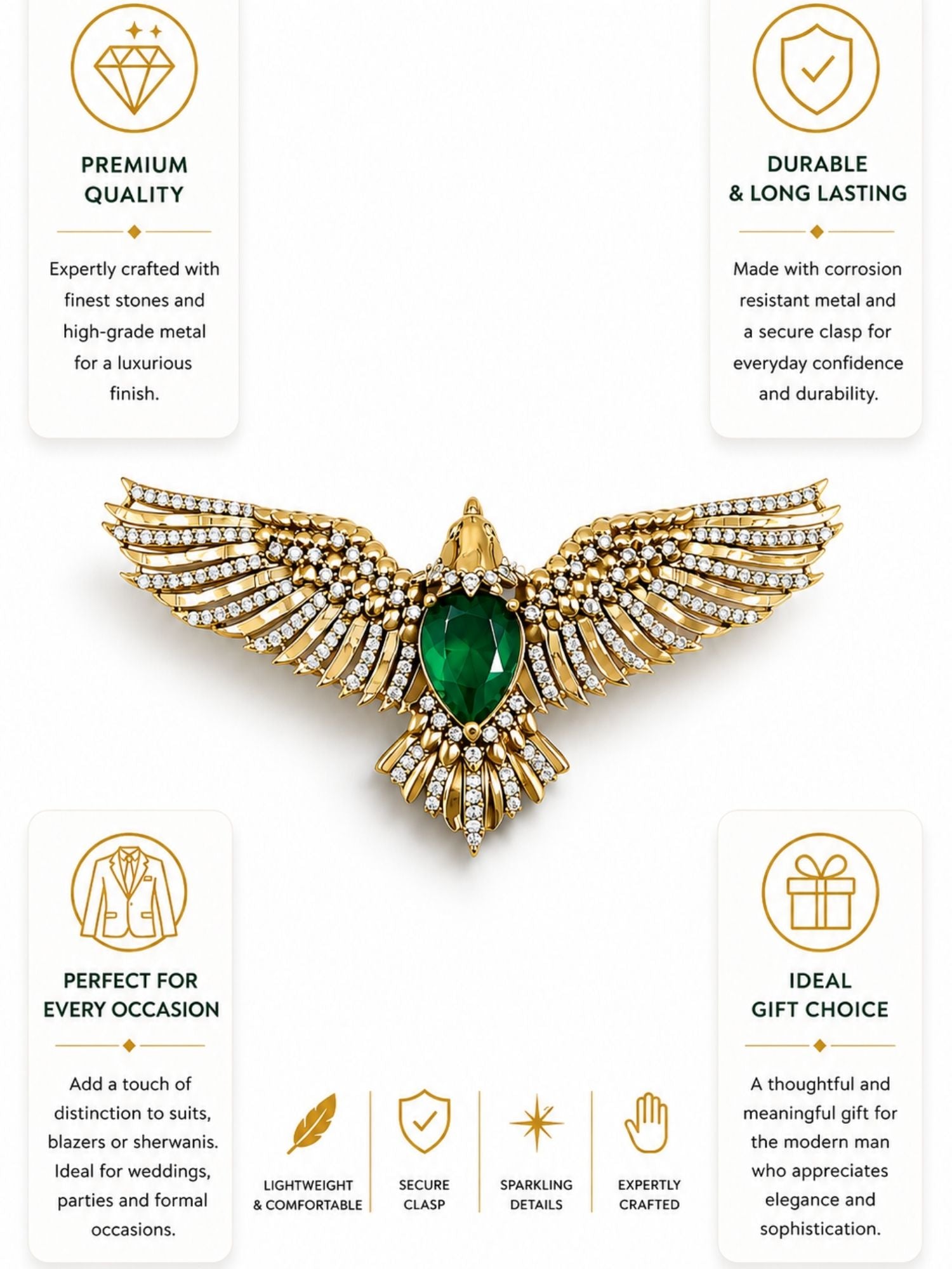 Luxury Eagle Brooch Pin for Men & Women | Green Stone Gold Plated Statement Lapel Pin