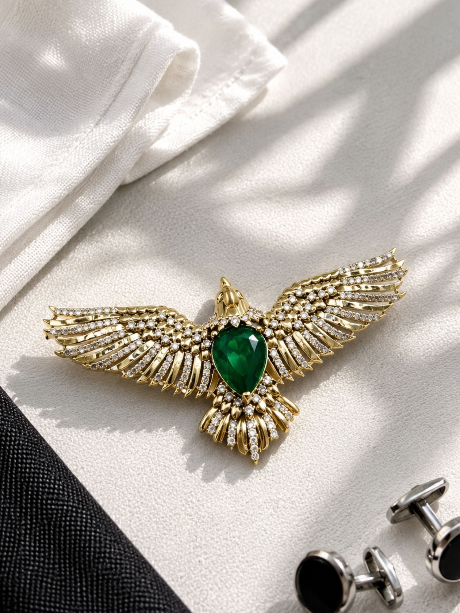Luxury Eagle Brooch Pin for Men & Women | Green Stone Gold Plated Statement Lapel Pin