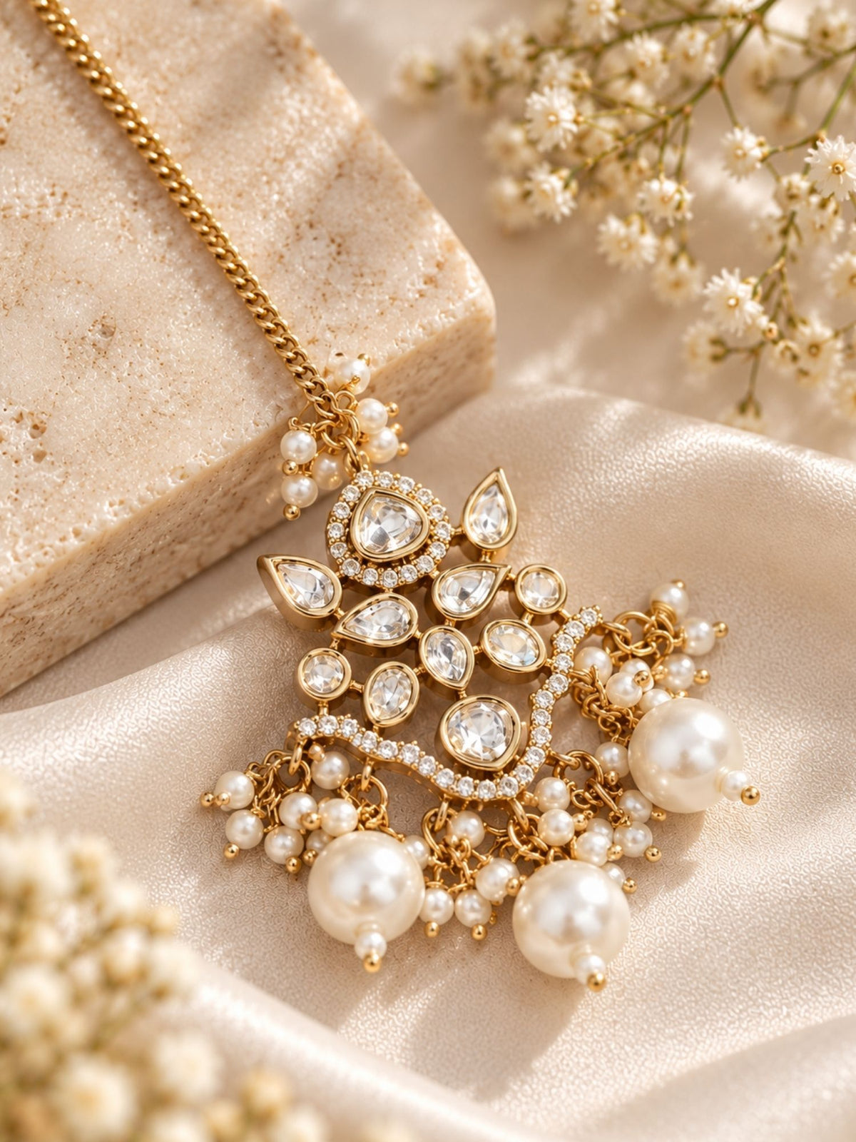 Kundan Polki Pearl Drop Maang Tikka Gold Plated | Abdesigns