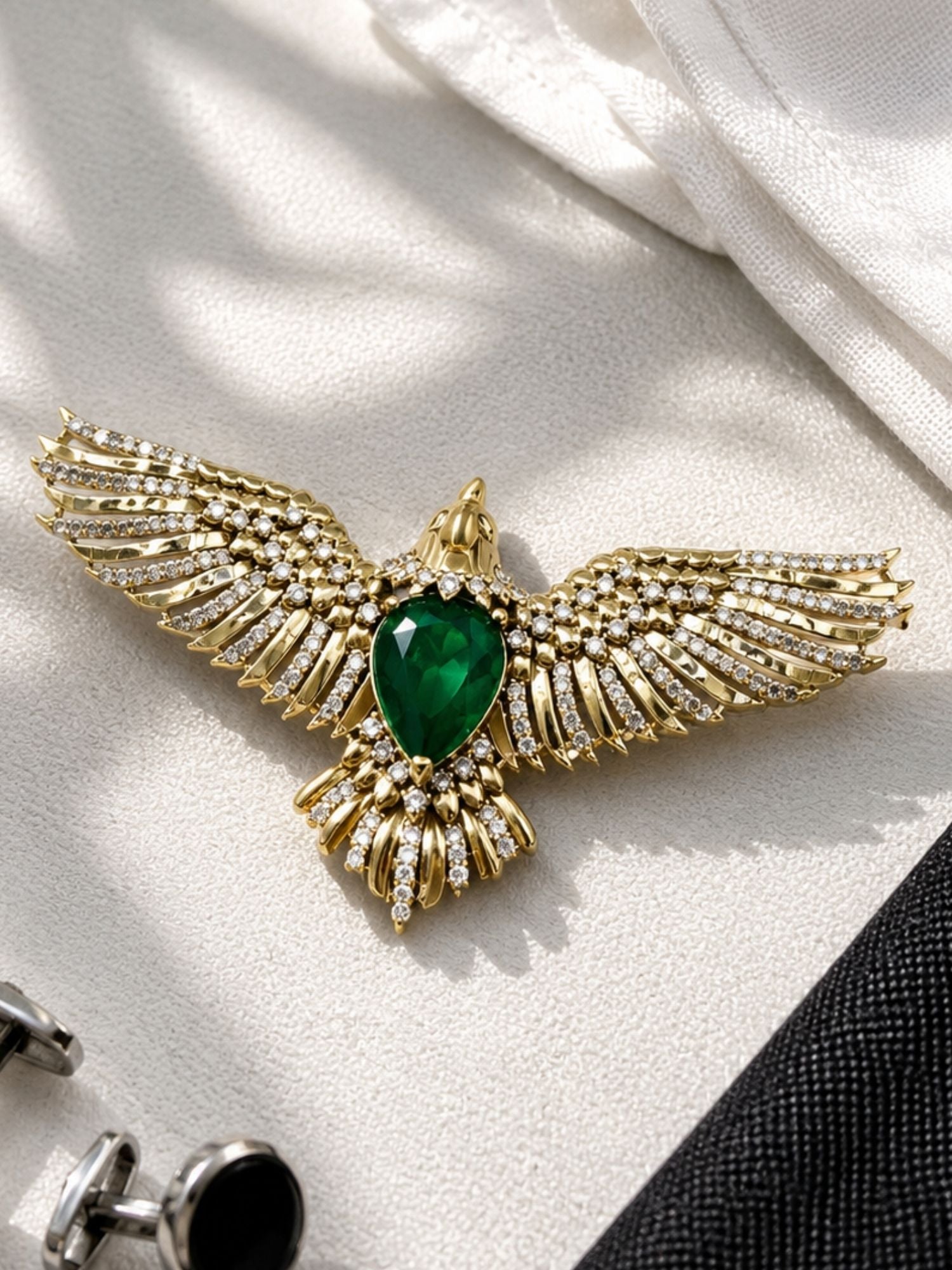Luxury Eagle Brooch Pin for Men & Women | Green Stone Gold Plated Statement Lapel Pin