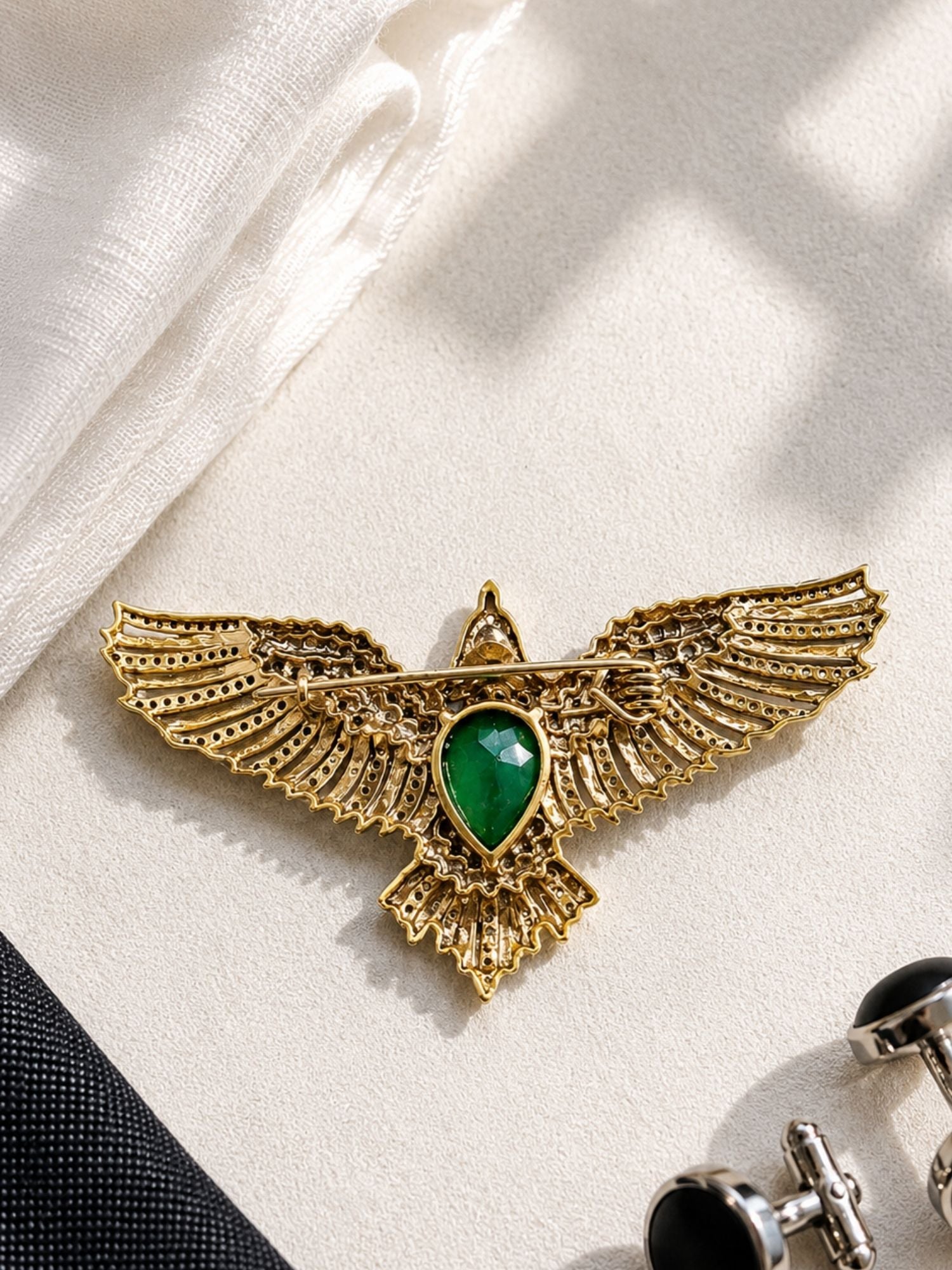 Luxury Eagle Brooch Pin for Men & Women | Green Stone Gold Plated Statement Lapel Pin