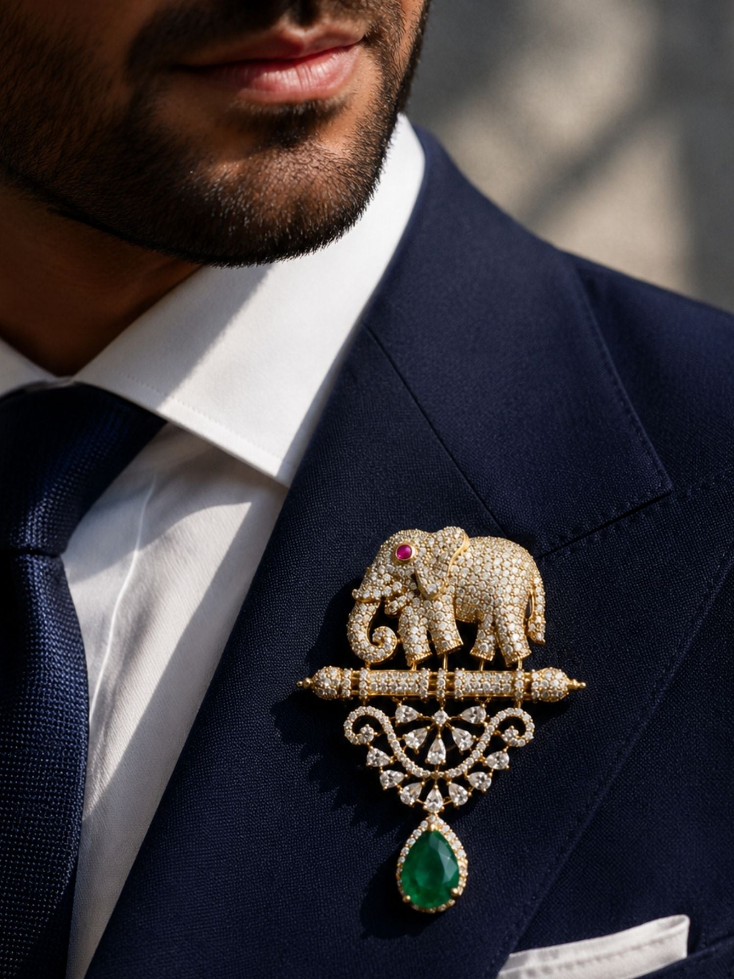 Royal Elephant Brooch Pin for Men & Women | Green Stone Crystal Gold Plated Statement Lapel Pin
