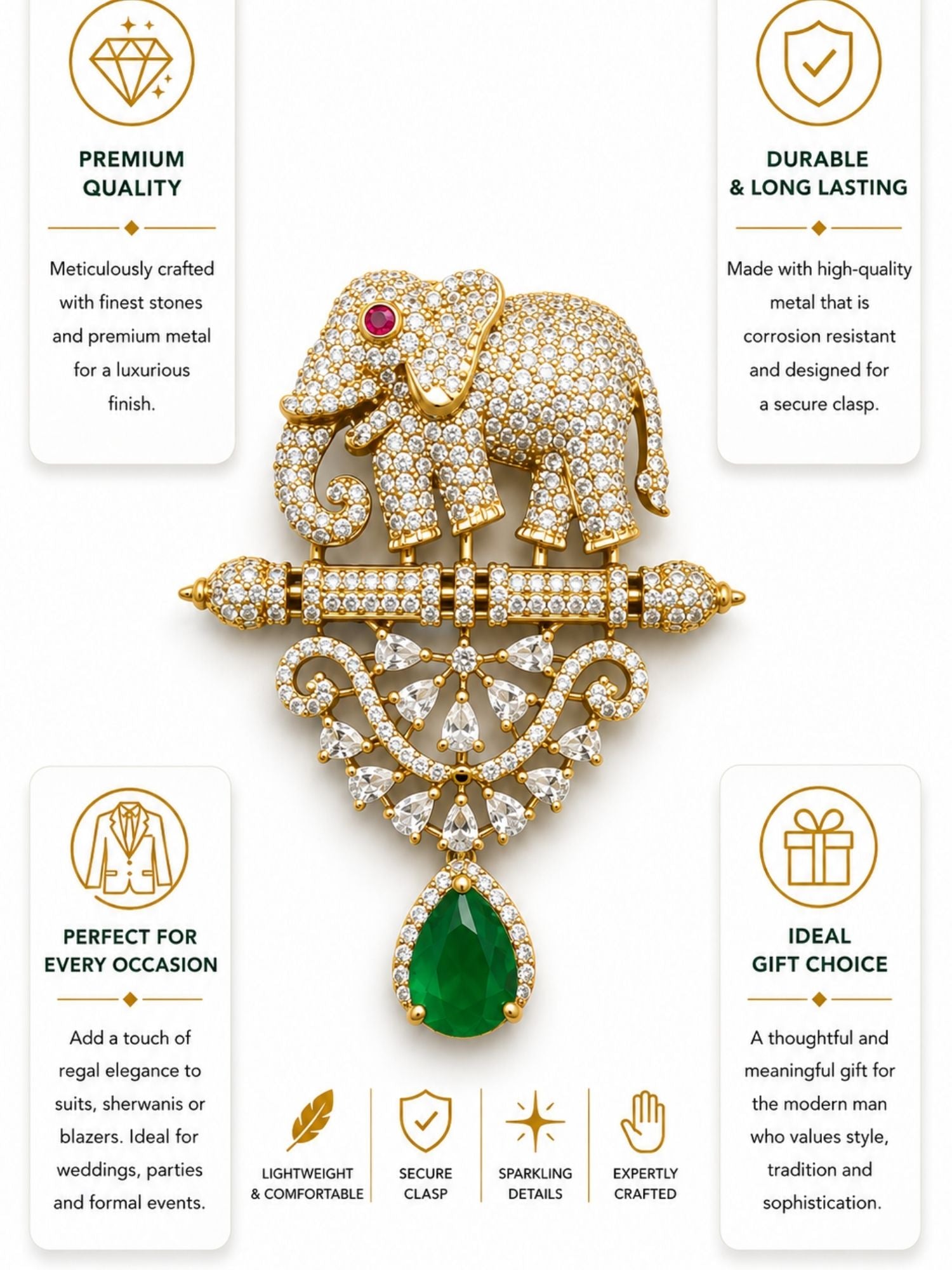 Royal Elephant Brooch Pin for Men & Women | Green Stone Crystal Gold Plated Statement Lapel Pin
