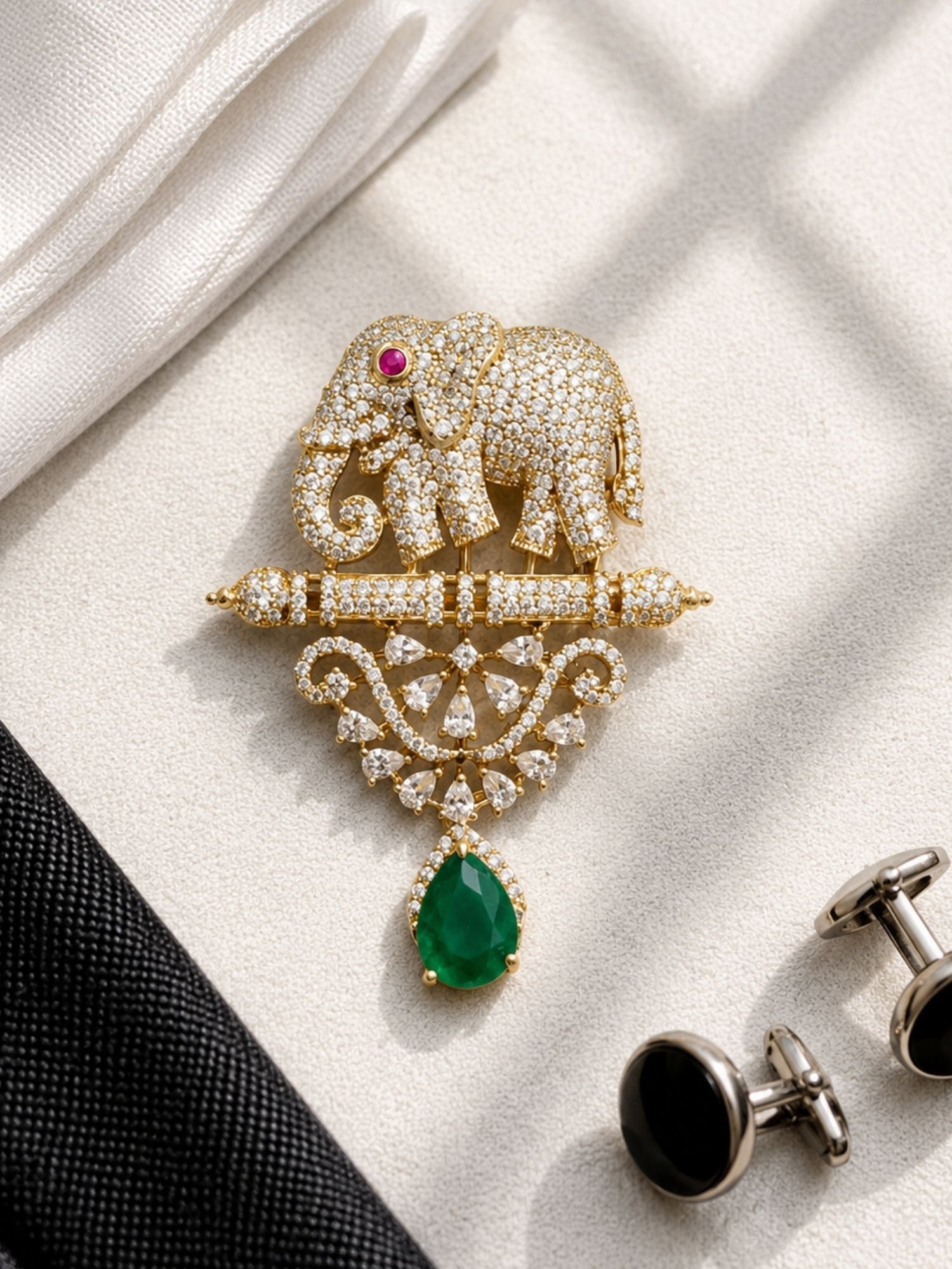 Royal Elephant Brooch Pin for Men & Women | Green Stone Crystal Gold Plated Statement Lapel Pin