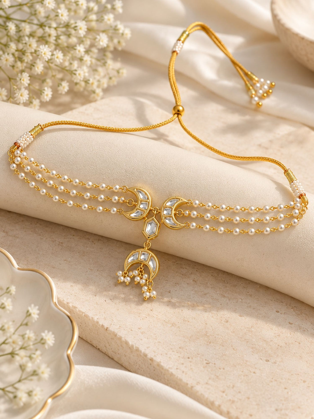 Kundan Pearl Crescent Choker Necklace Gold Plated | Abdesigns