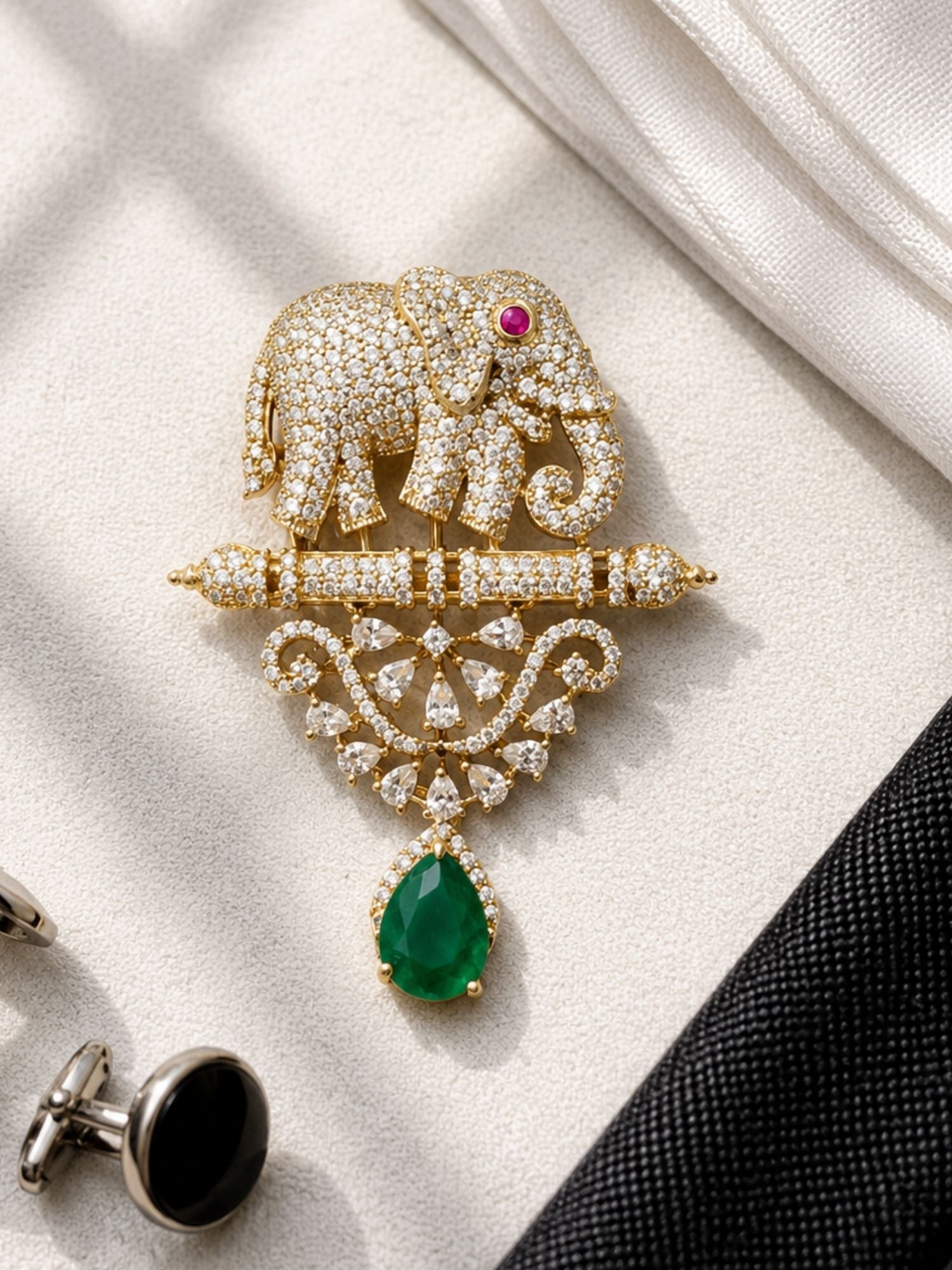 Royal Elephant Brooch Pin for Men & Women | Green Stone Crystal Gold Plated Statement Lapel Pin