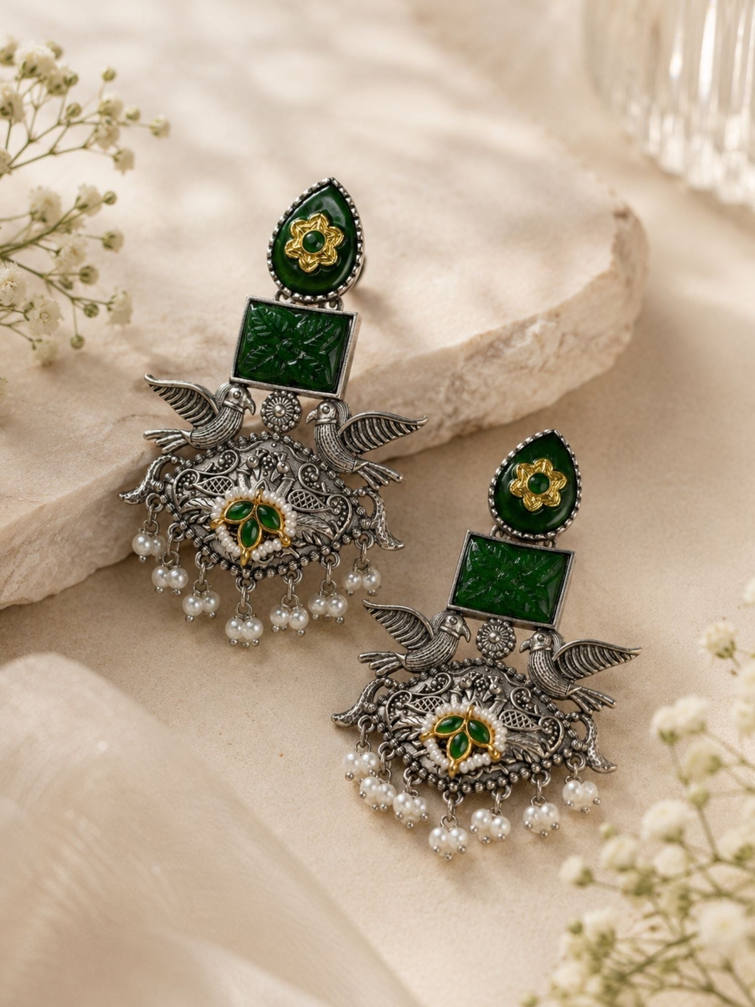 Oxidised Silver Earrings in Green Stone – Festive | Abdesigns