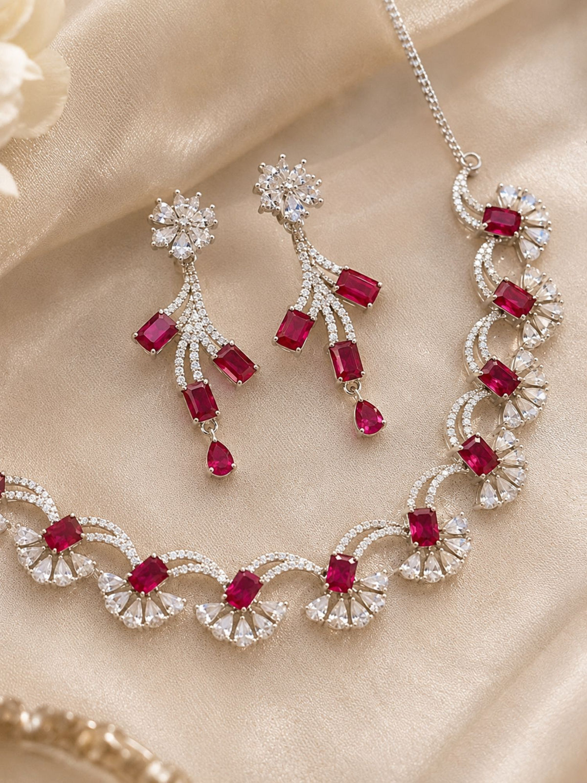 Silver Plated Red Color American Diamond Necklace Set