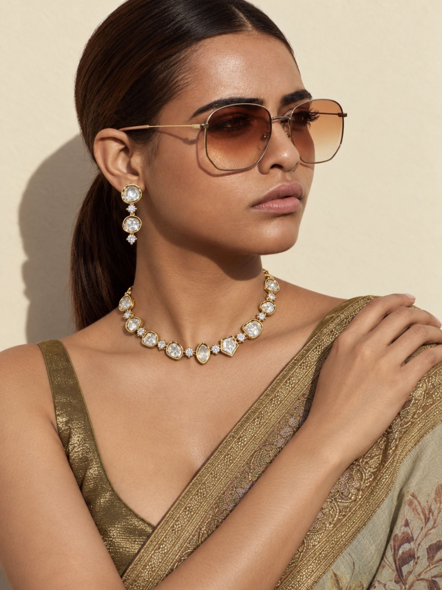 Gold Plated Kundan Polki Statement Necklace Set with Earrings