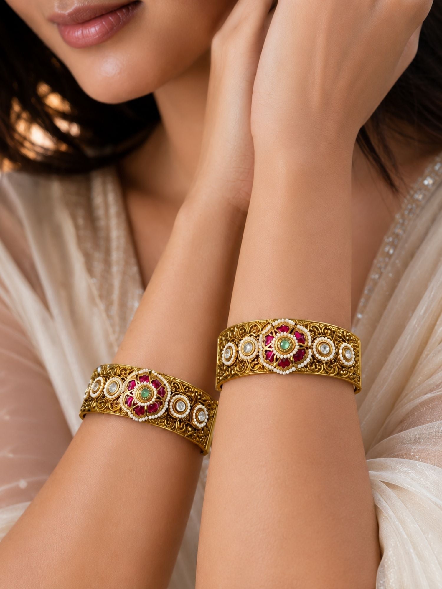 Antique Ahmedabadi Jadau Gold Kundan Floral Bangles – Bridal Set | Abdesigns