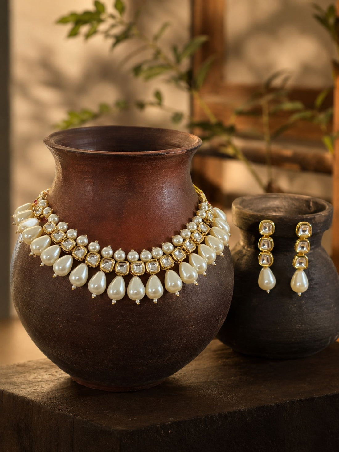 White Kundan Pearl Statement Necklace Set for Women