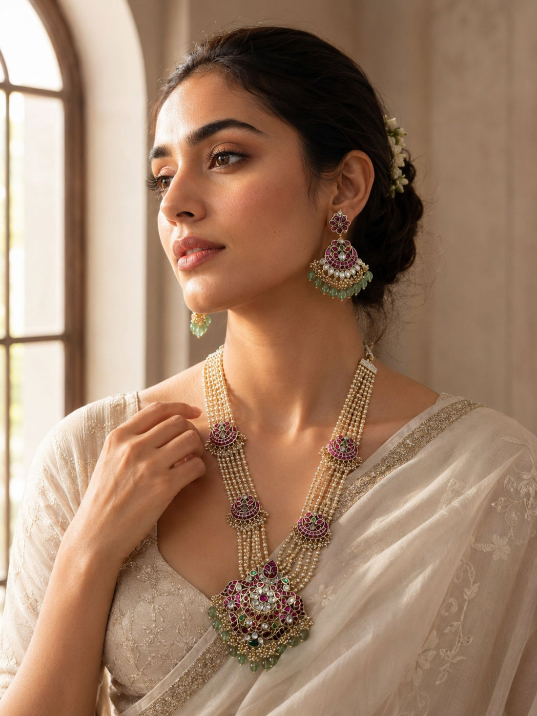 Abdesigns Royal Multi-Layer Pearl Kundan Necklace Set with Pink Stone Pendant