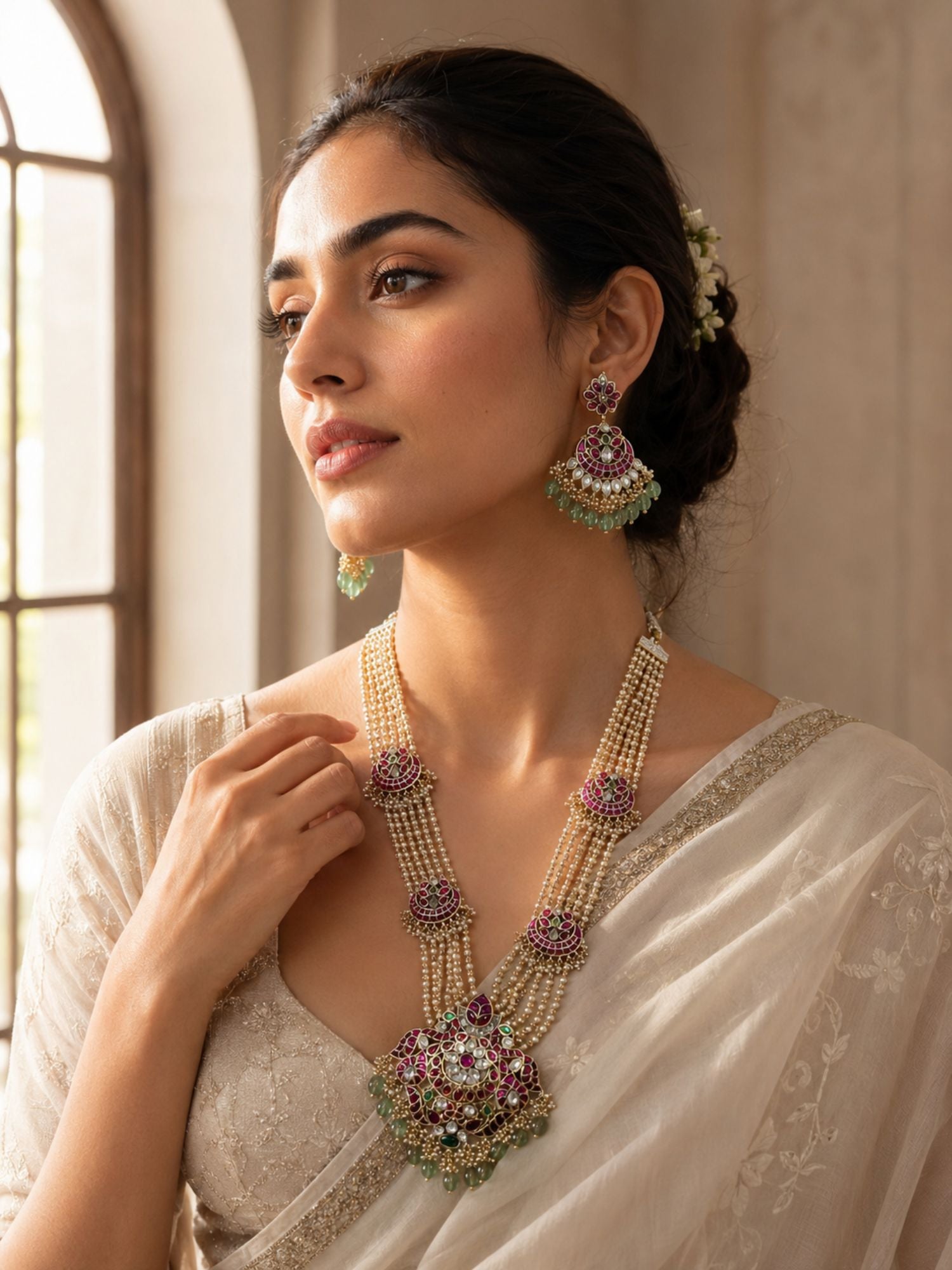 Abdesigns Royal Multi-Layer Pearl Kundan Necklace Set with Pink Stone Pendant
