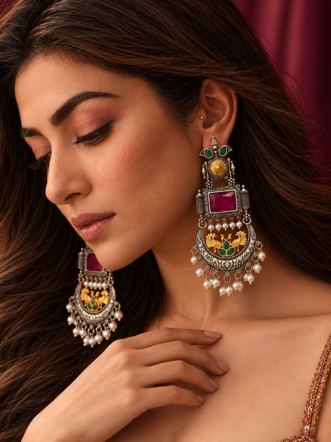 Set of 2 Oxidised Silver Plated Multicolor Stone Pearl Statement Earrings for Women