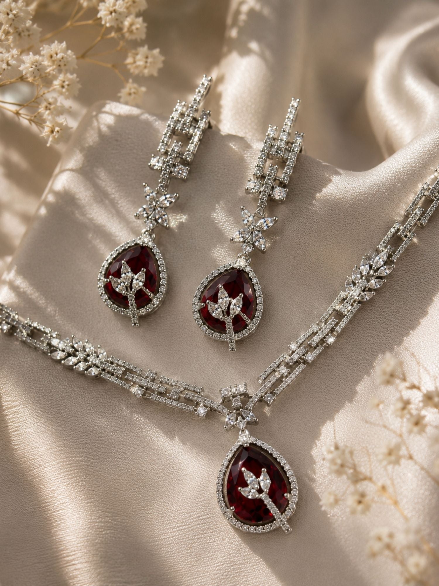 Silver Tone Floral Ruby Necklace Set Elegant Glam | Abdesigns
