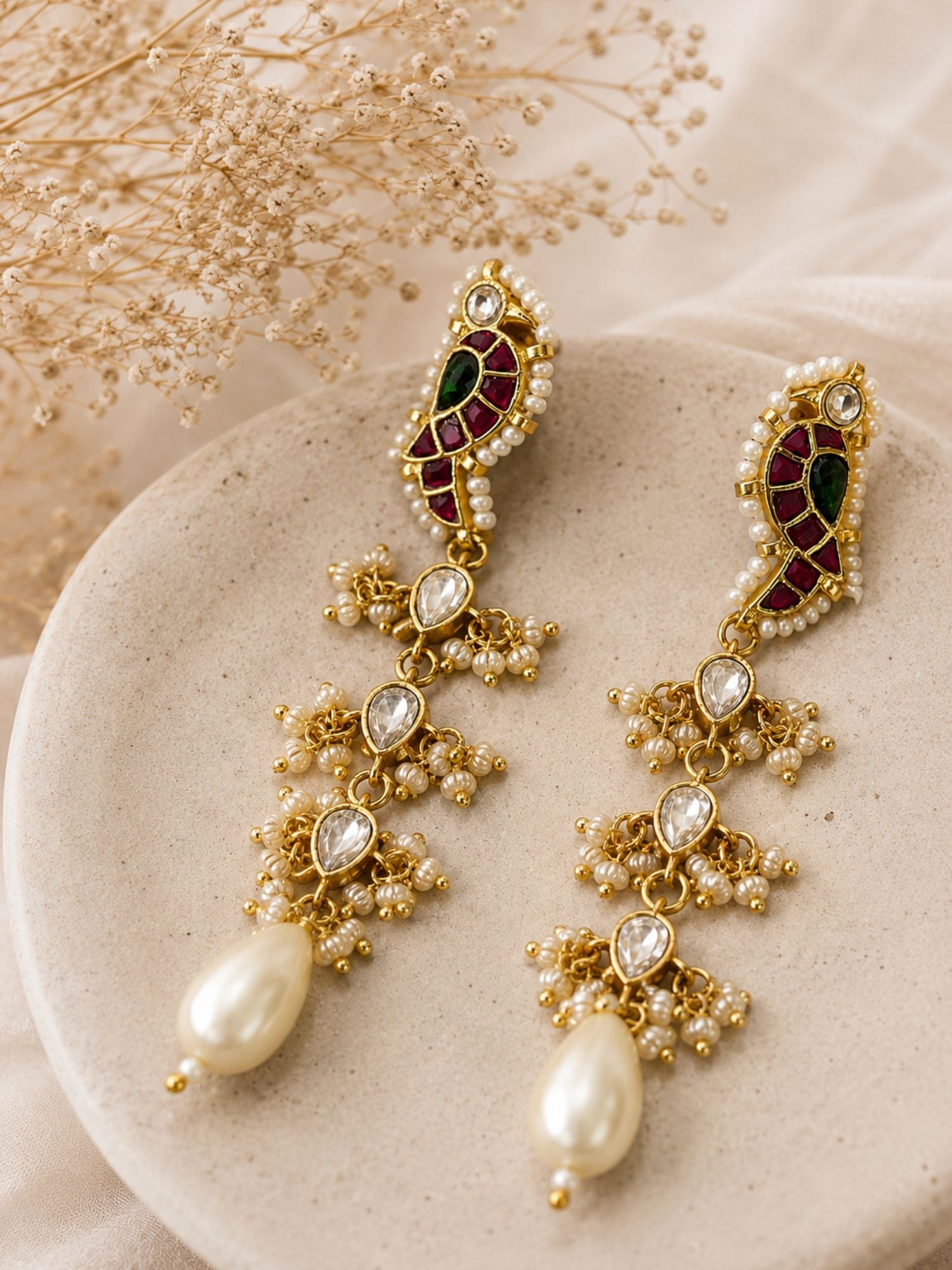 Abdesigns Traditional Pachi Kundan Parrot Bird Pearl Drop Earrings