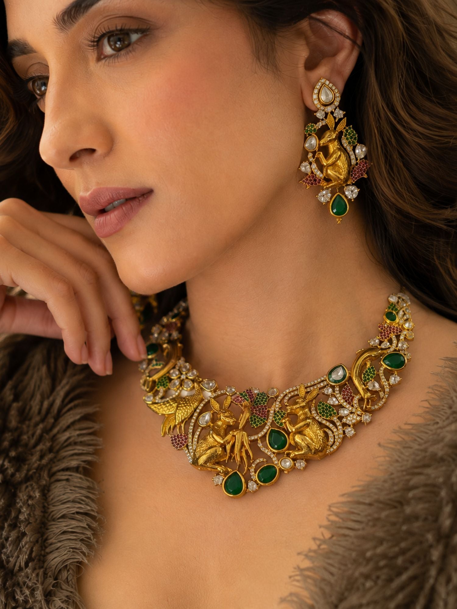 Antique Gold Plated Multicolor Kundan Peacock & Rabbit Necklace Set