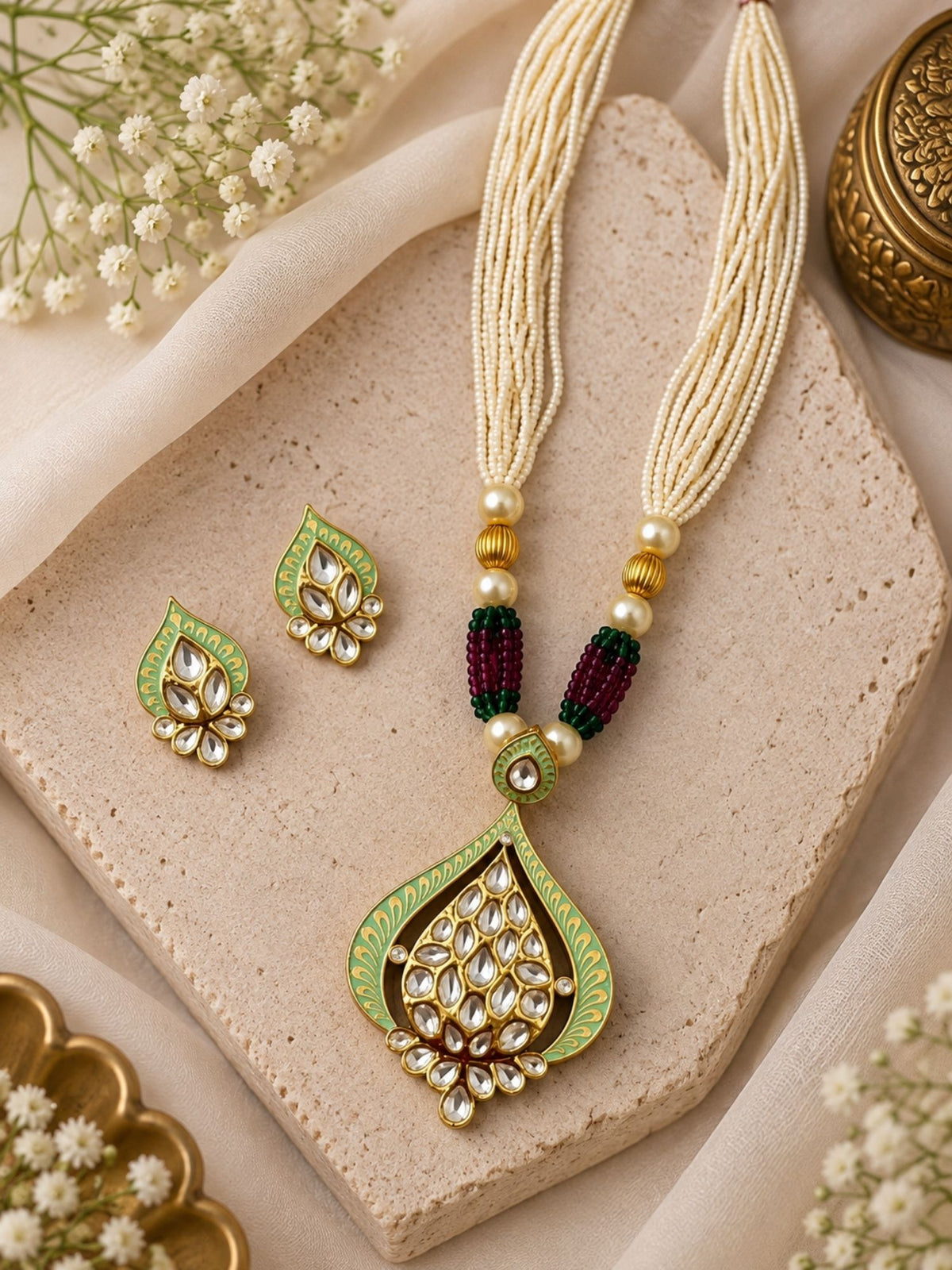 Kundan Pearl Teardrop Mala Necklace Set with Earrings, 4 Colours