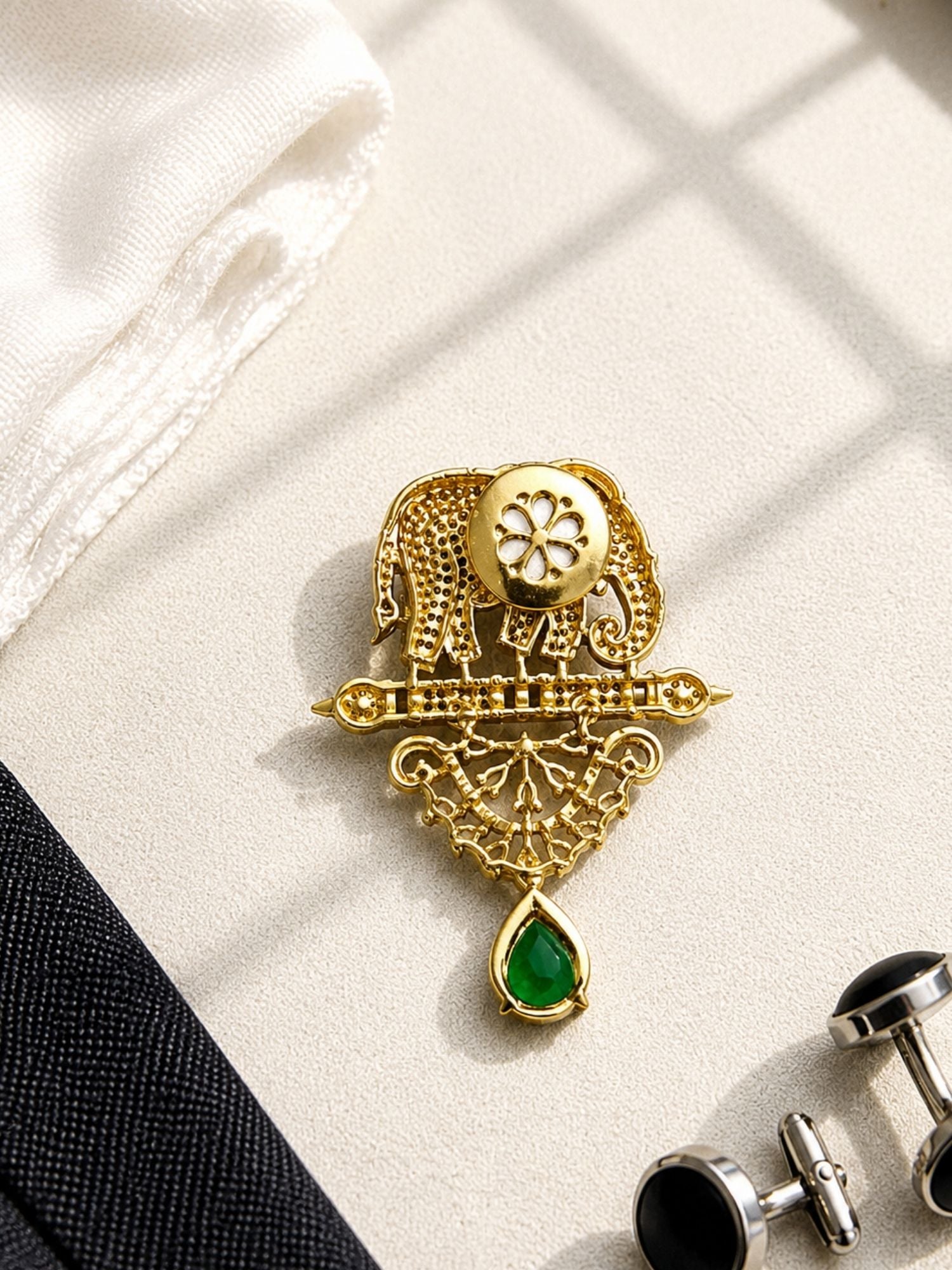 Royal Elephant Brooch Pin for Men & Women | Green Stone Crystal Gold Plated Statement Lapel Pin