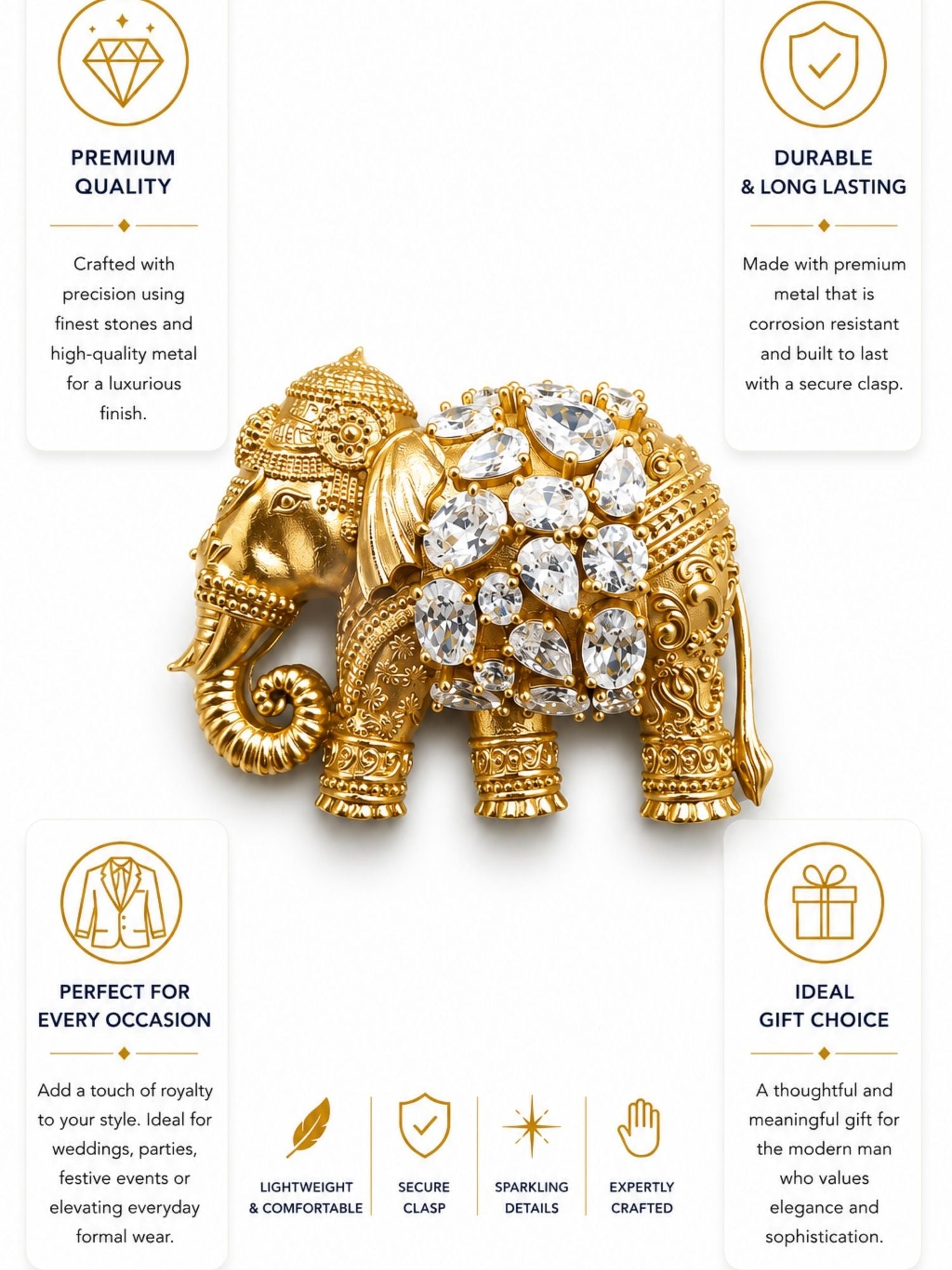 Royal Elephant Brooch Pin for Men & Women | Gold Plated Crystal Statement Lapel Pin