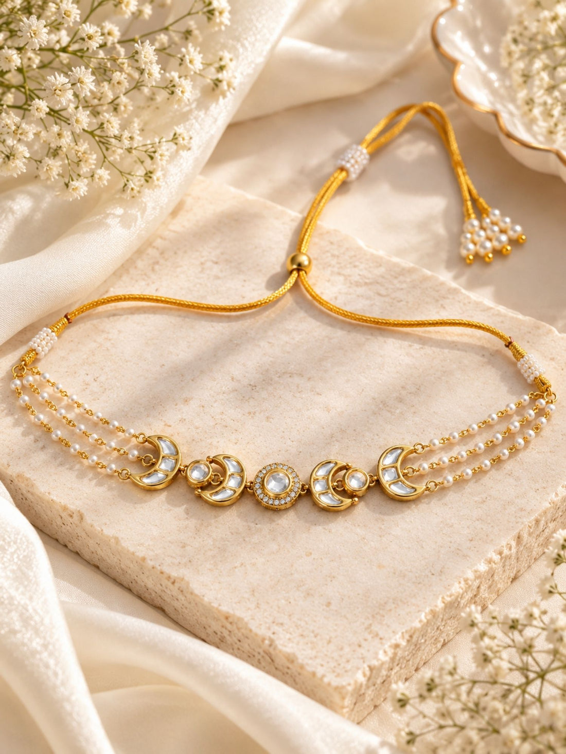 Kundan Pearl Crescent Choker Necklace Gold Plated | Abdesigns