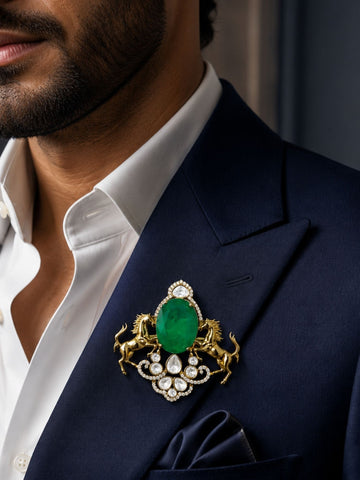 Royal Horse Brooch Pin for Men & Women | Green Stone Crystal Gold Plated Statement Lapel Pin