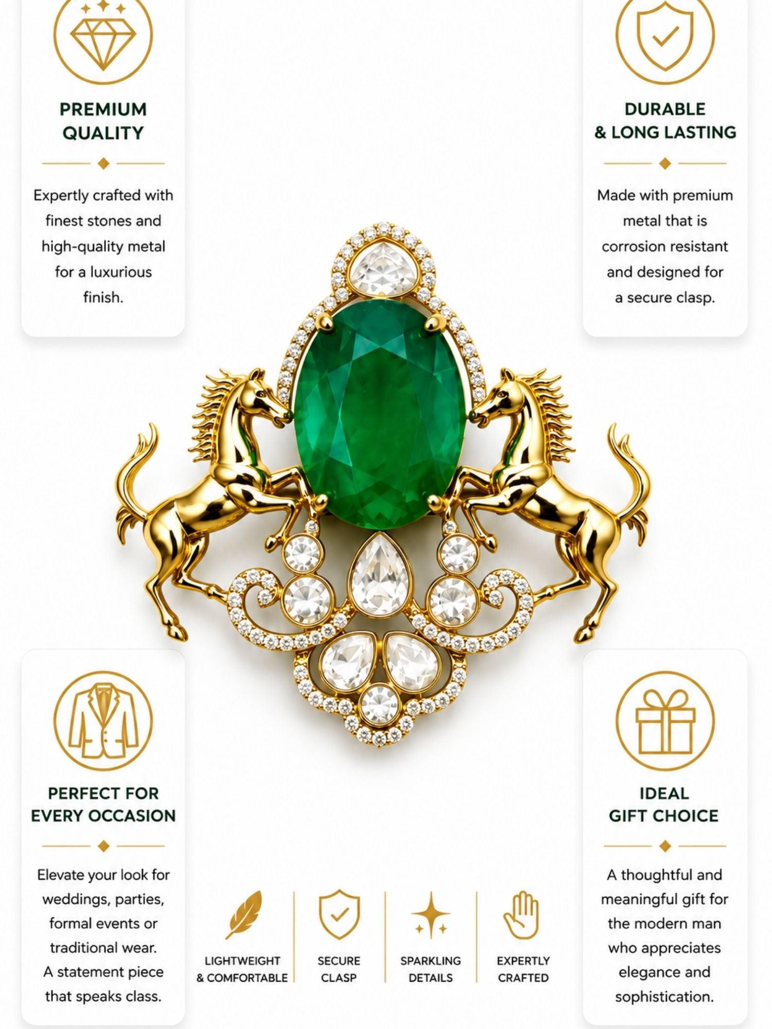Royal Horse Brooch Pin for Men & Women | Green Stone Crystal Gold Plated Statement Lapel Pin