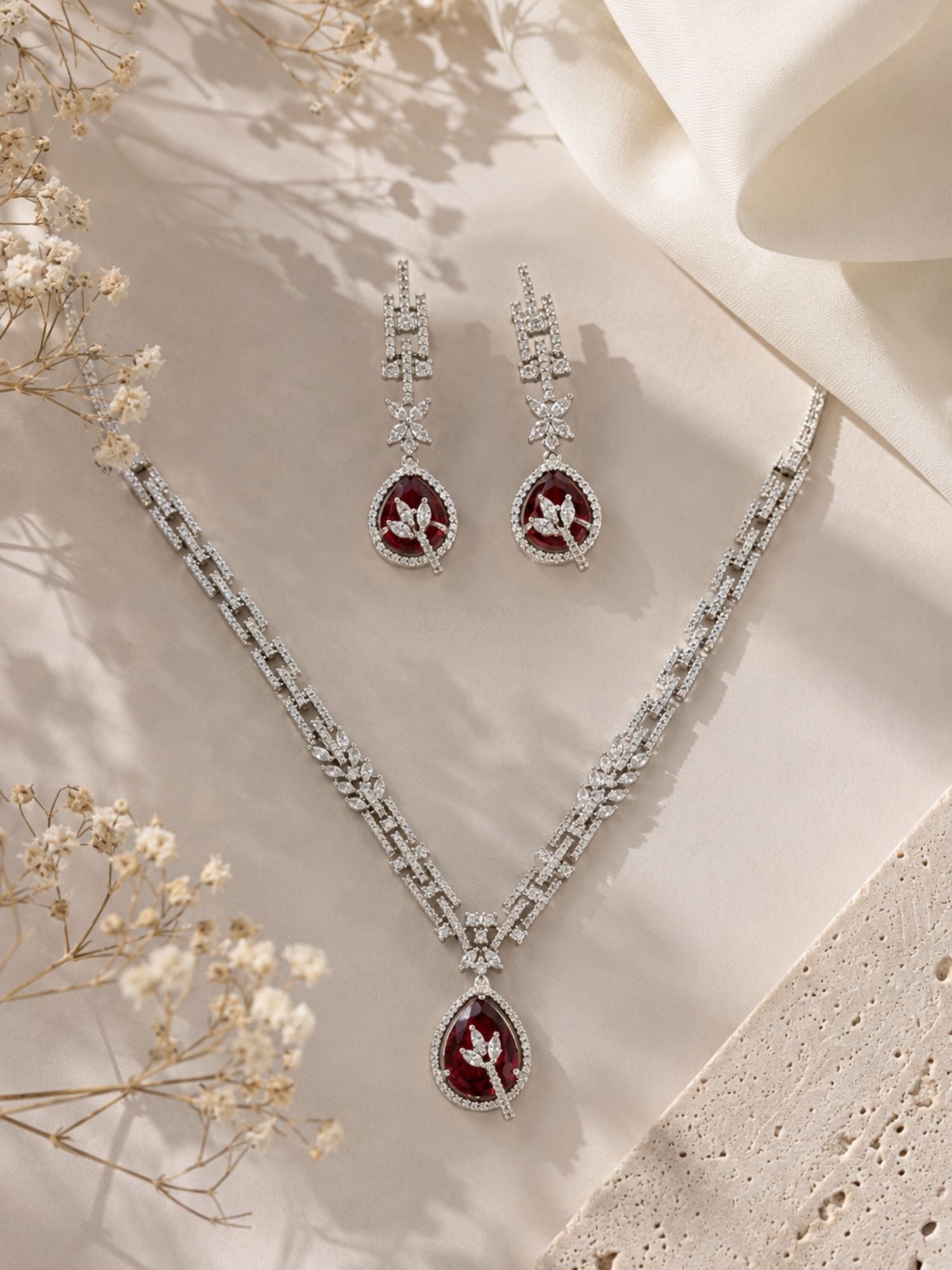 Silver Tone Floral Ruby Necklace Set Elegant Glam | Abdesigns