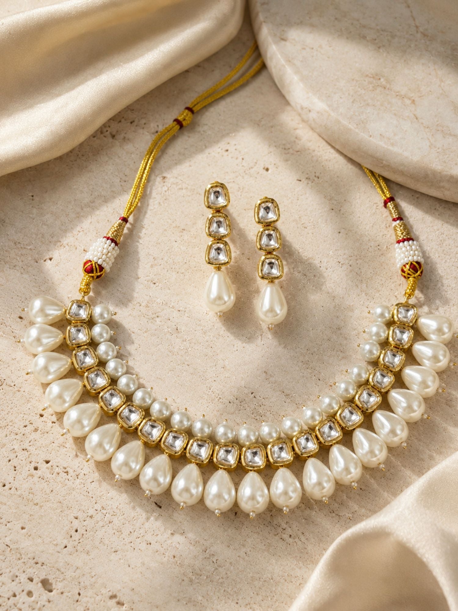 White Kundan Pearl Statement Necklace Set for Women