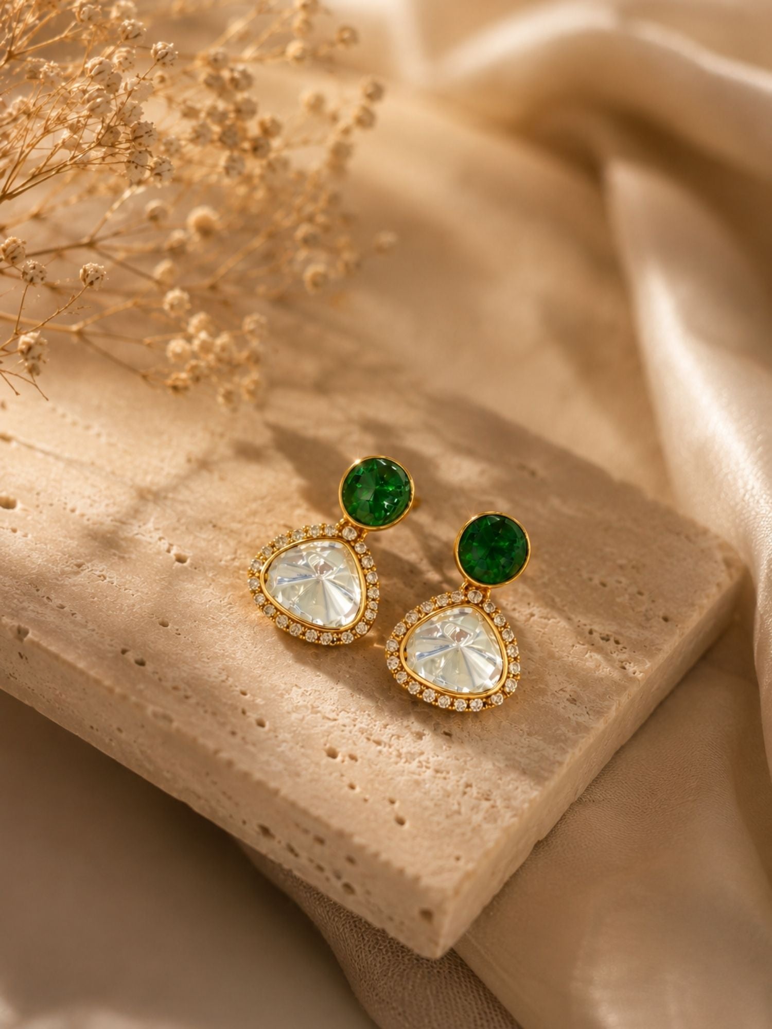 Combo Of Gold Plated Kundan Pearl & Green Stone Earrings