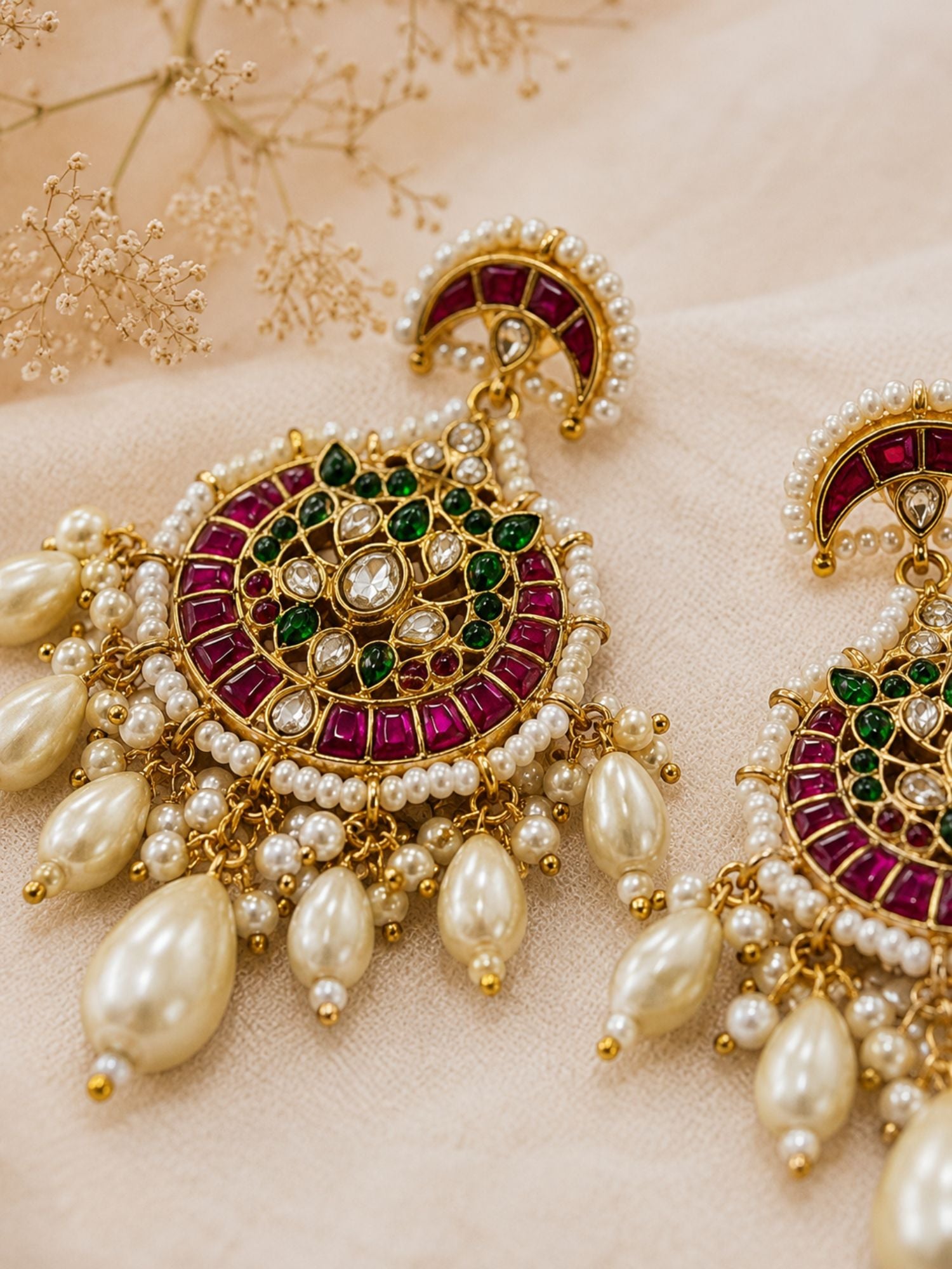 Abdesigns Pachi Kundan Multicolour Pearl Chandbali Earrings
