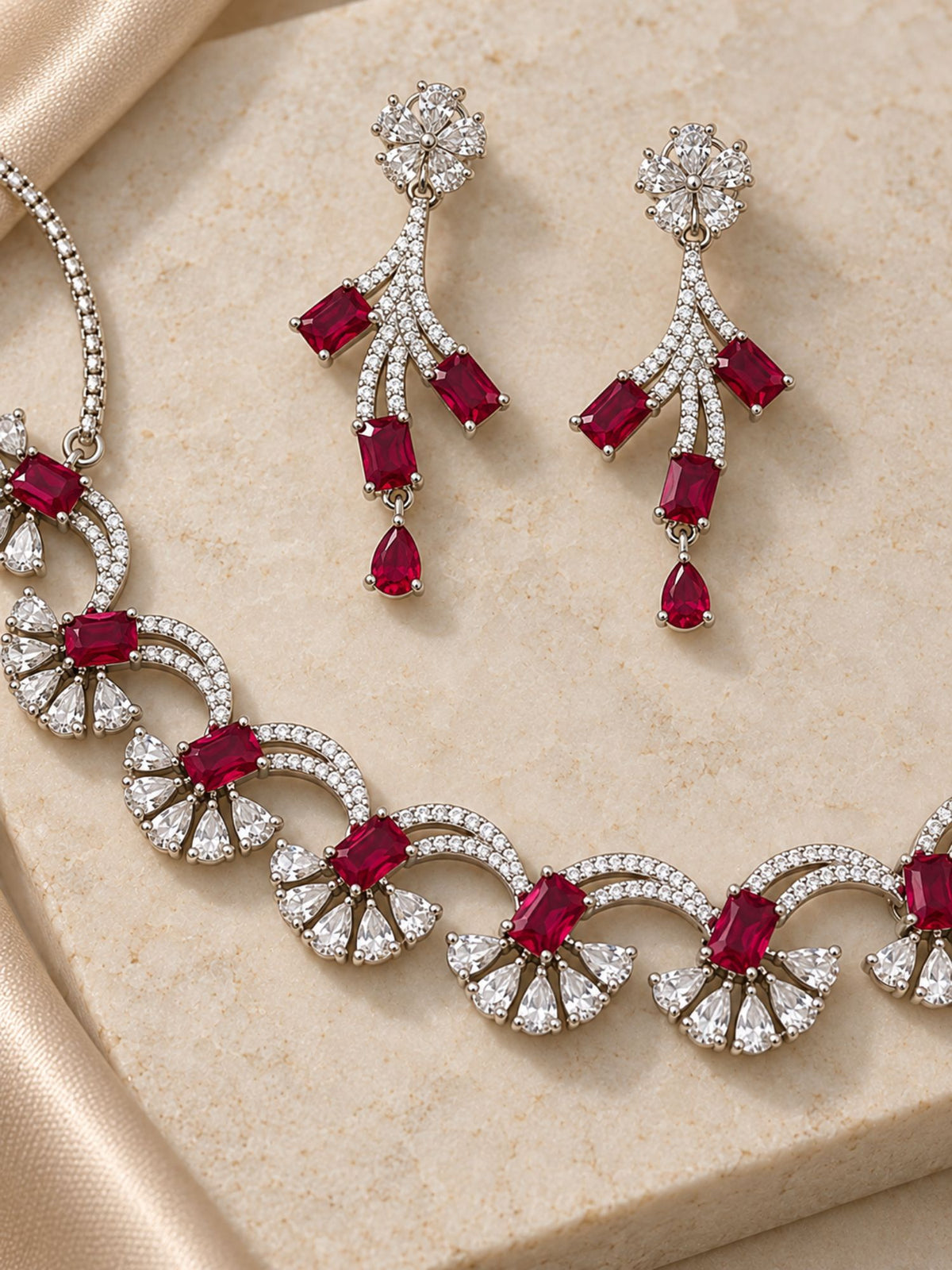 Silver Plated Red Color American Diamond Necklace Set