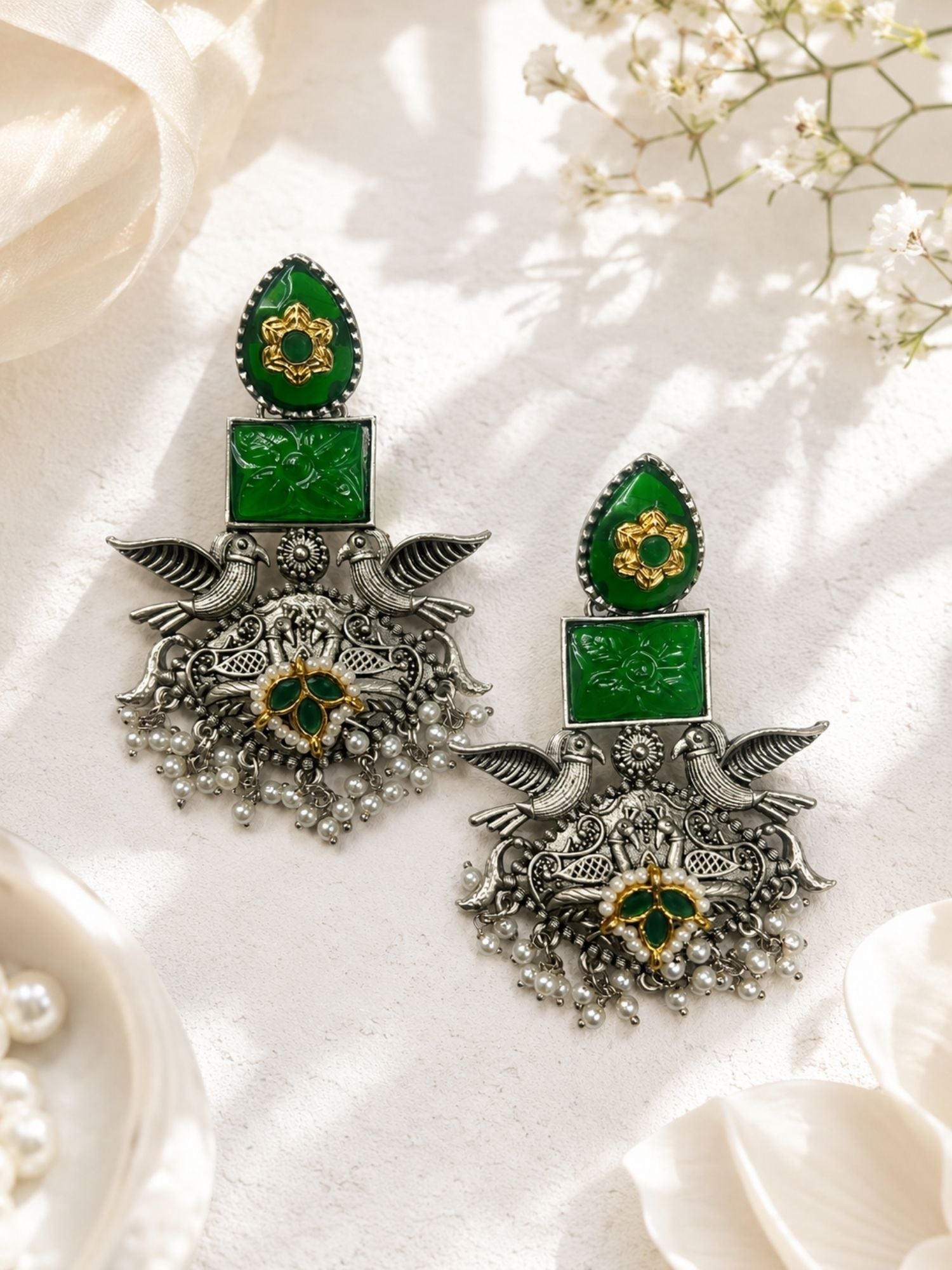 Oxidised Silver Earrings in Green Stone – Festive | Abdesigns