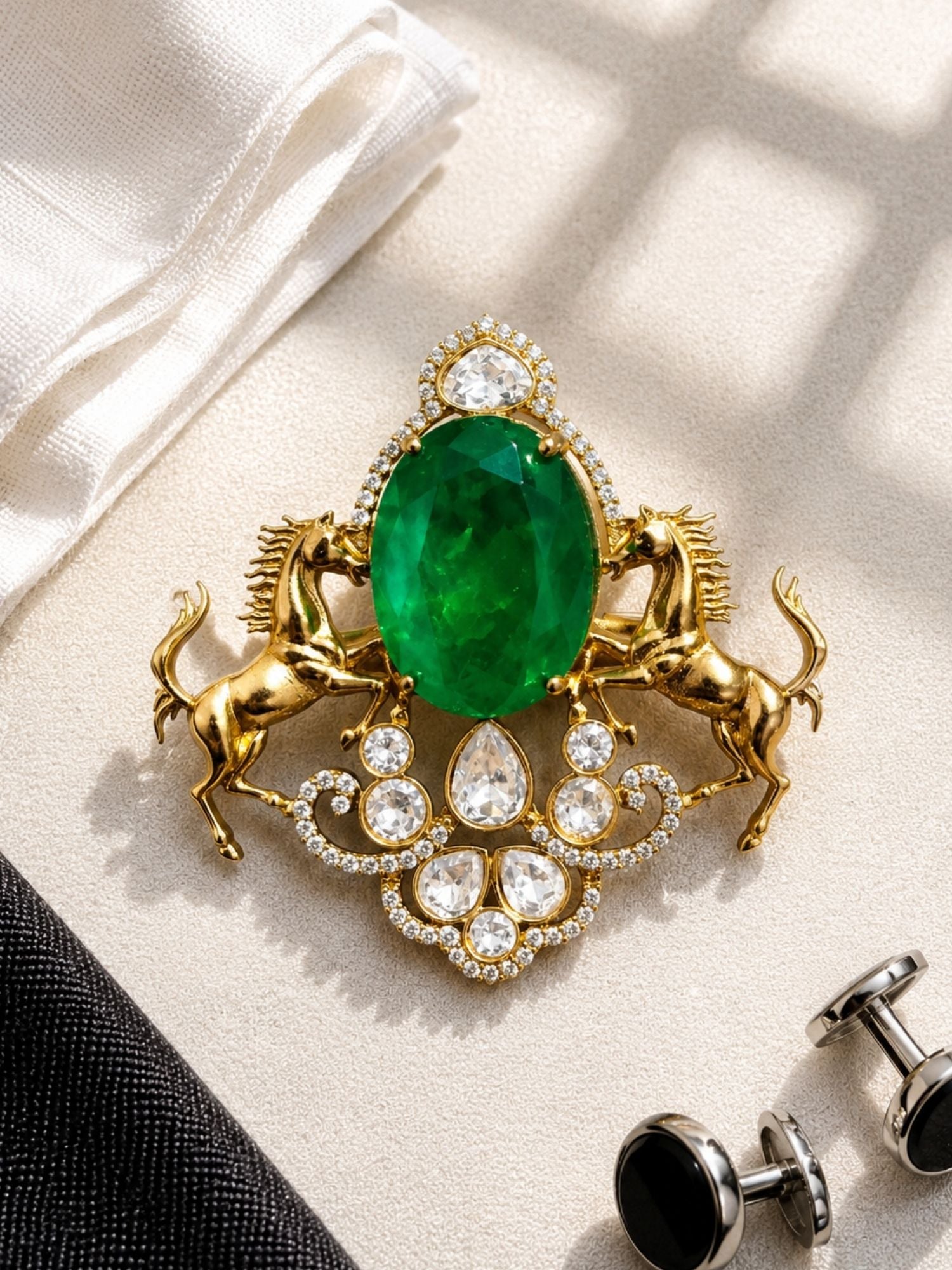 Royal Horse Brooch Pin for Men & Women | Green Stone Crystal Gold Plated Statement Lapel Pin