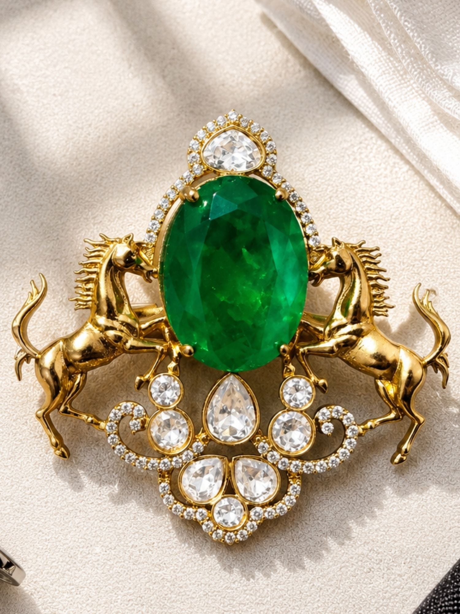 Royal Horse Brooch Pin for Men & Women | Green Stone Crystal Gold Plated Statement Lapel Pin