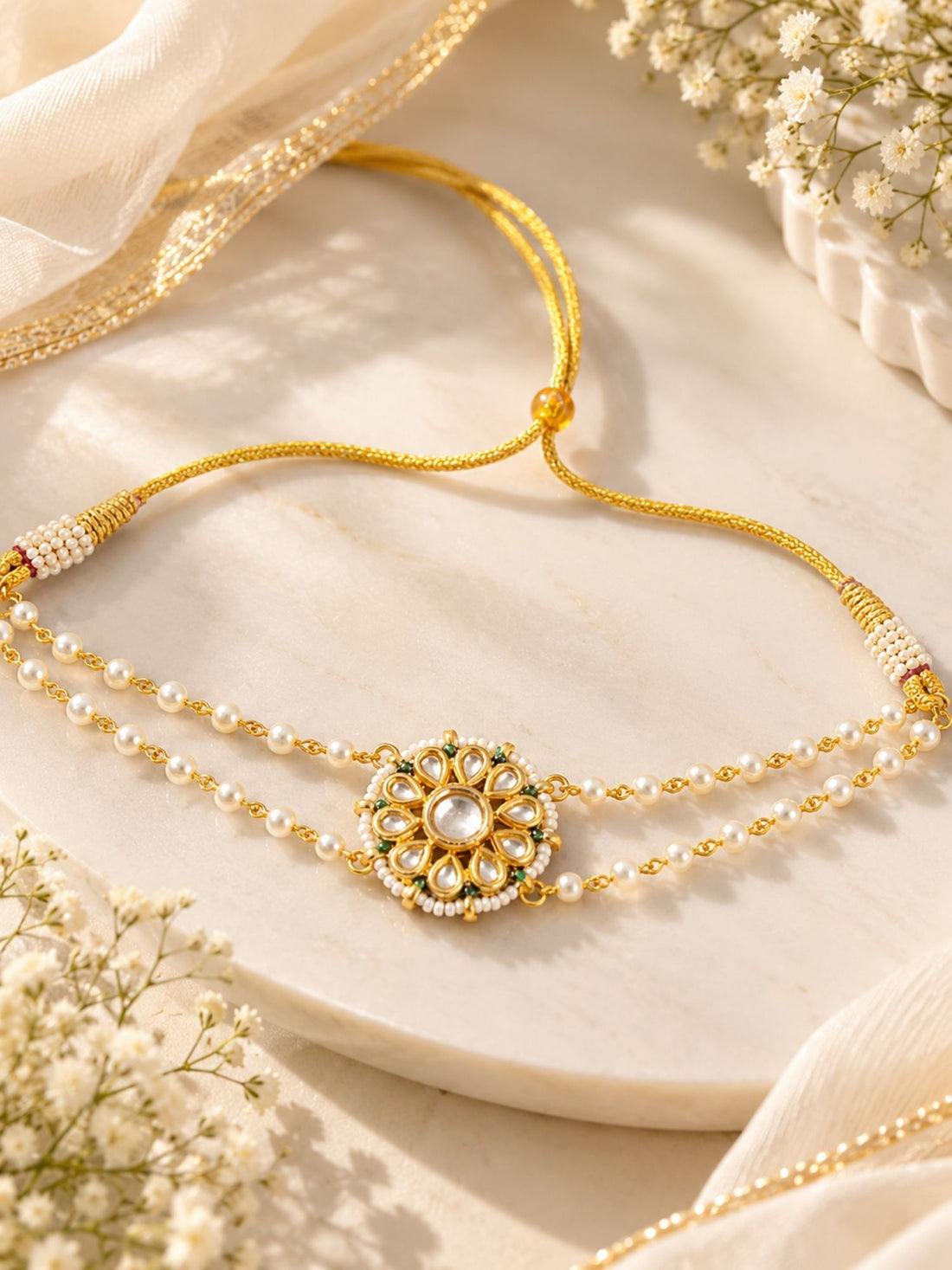 Kundan Pearl Floral Double Layer Choker Gold Plated | Abdesigns
