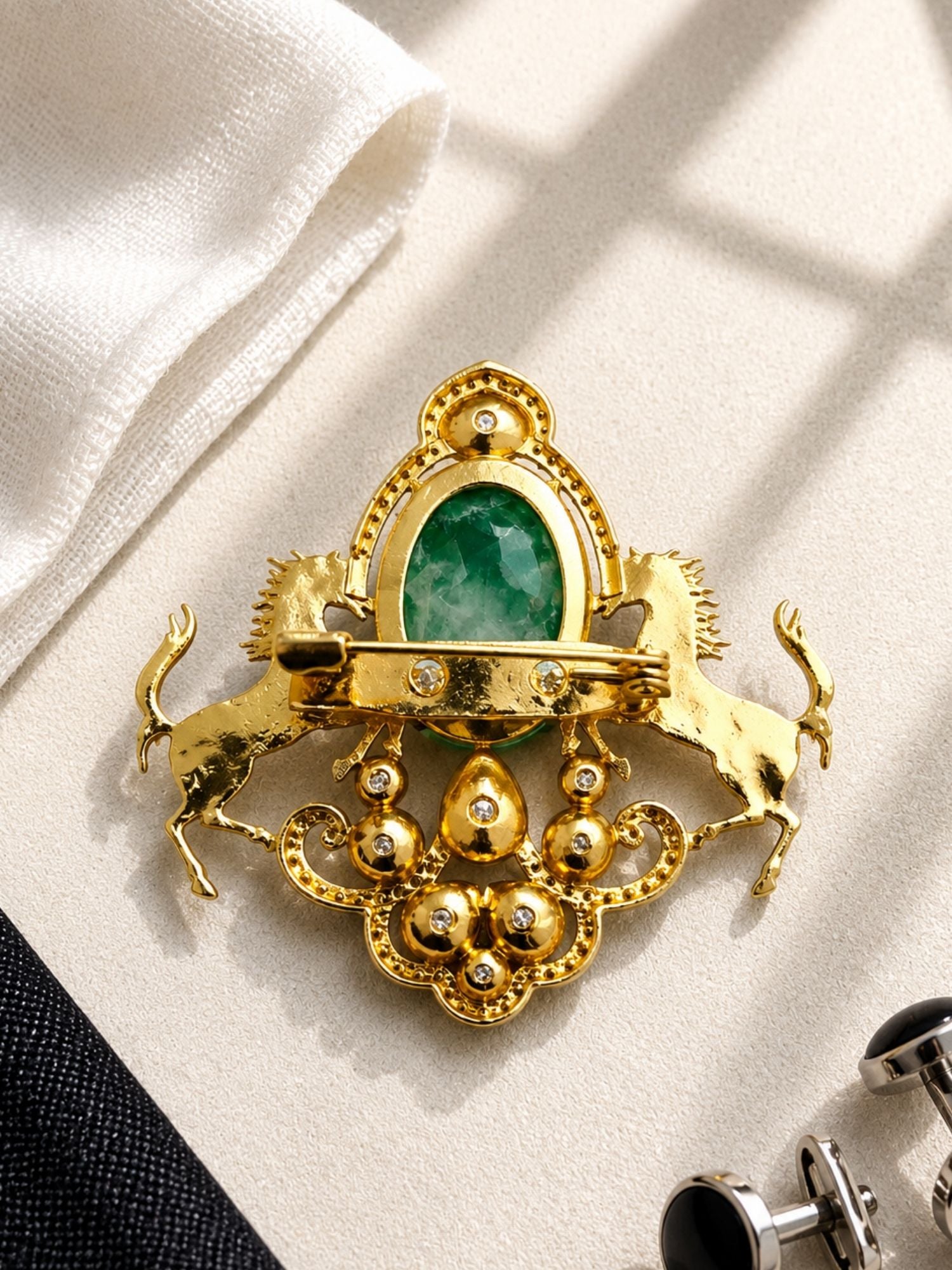 Royal Horse Brooch Pin for Men & Women | Green Stone Crystal Gold Plated Statement Lapel Pin
