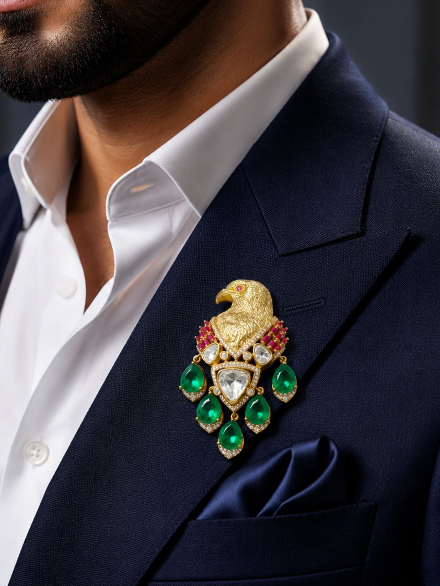 Royal Eagle Brooch Pin for Men & Women | Green Crystal Gold Plated Statement Lapel Pin