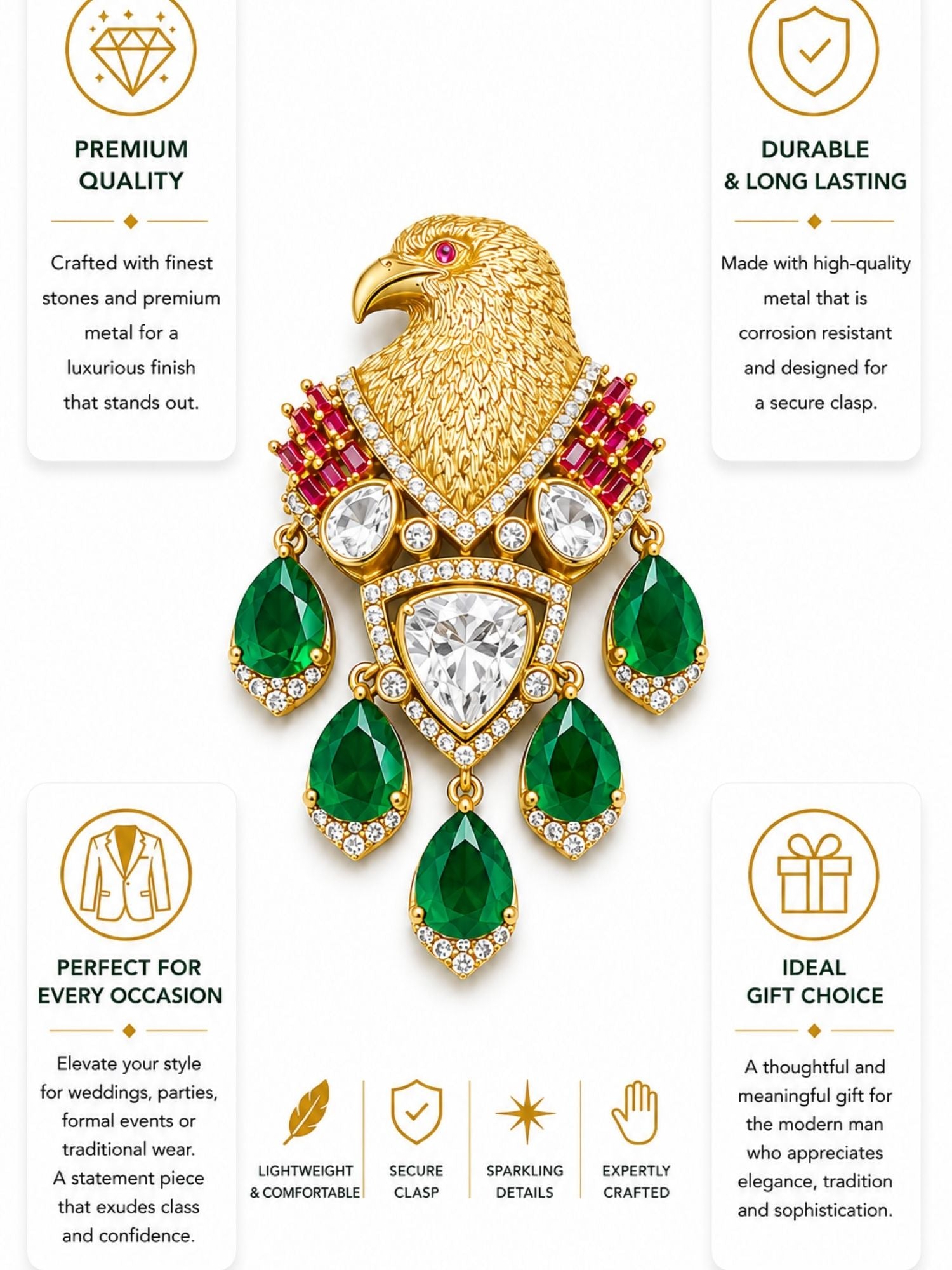 Royal Eagle Brooch Pin for Men & Women | Green Crystal Gold Plated Statement Lapel Pin