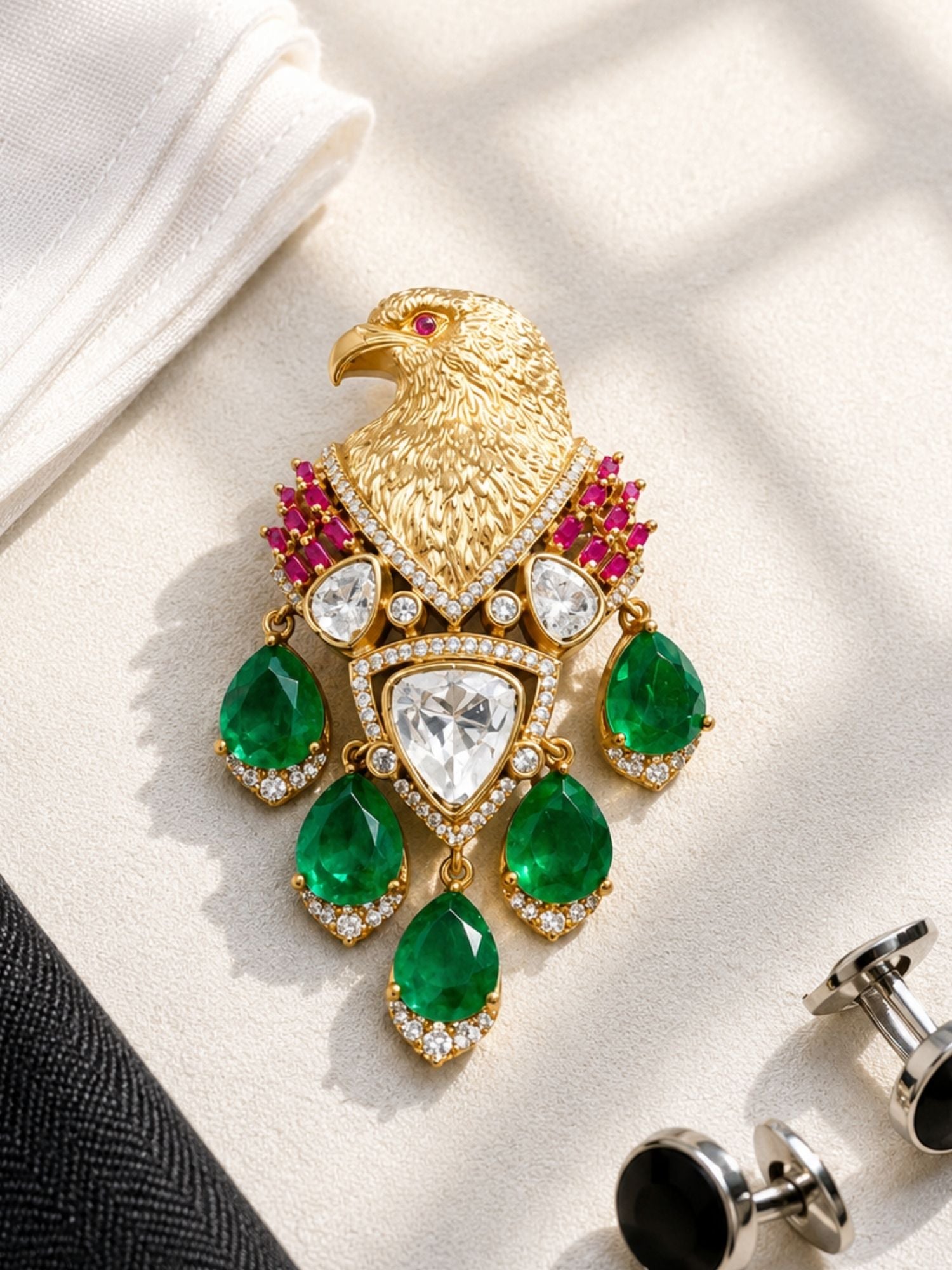 Royal Eagle Brooch Pin for Men & Women | Green Crystal Gold Plated Statement Lapel Pin