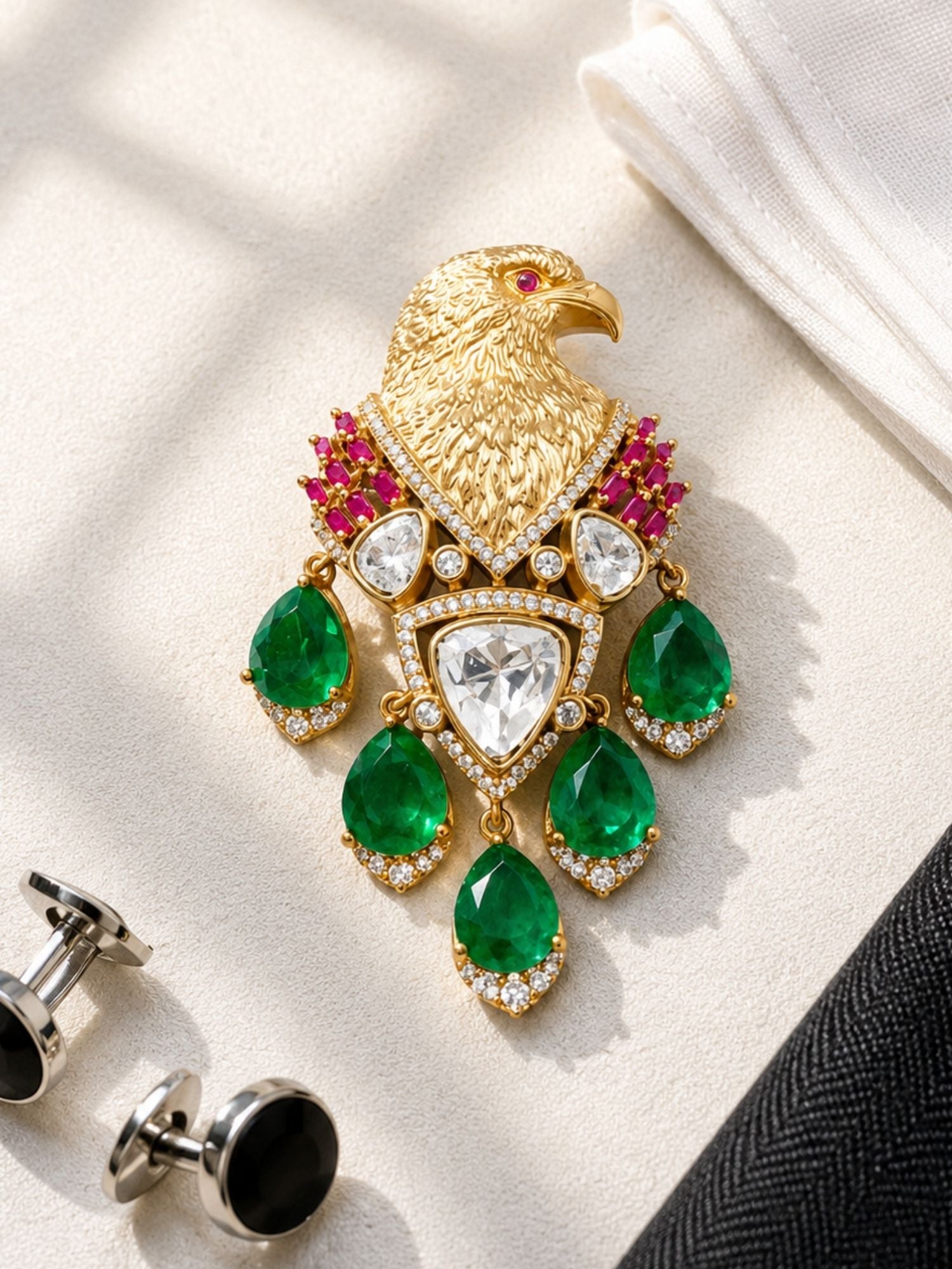 Royal Eagle Brooch Pin for Men & Women | Green Crystal Gold Plated Statement Lapel Pin