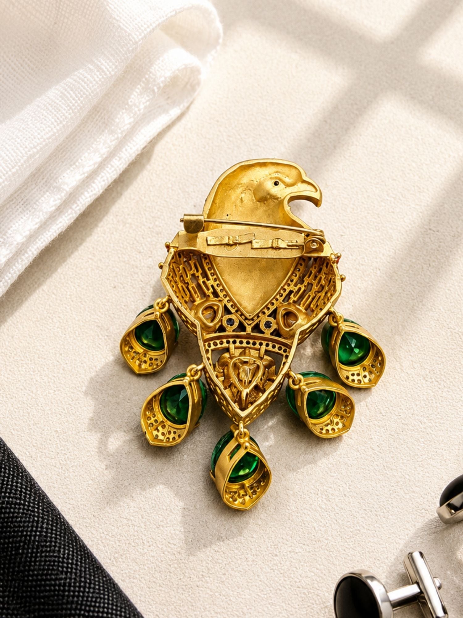 Royal Eagle Brooch Pin for Men & Women | Green Crystal Gold Plated Statement Lapel Pin