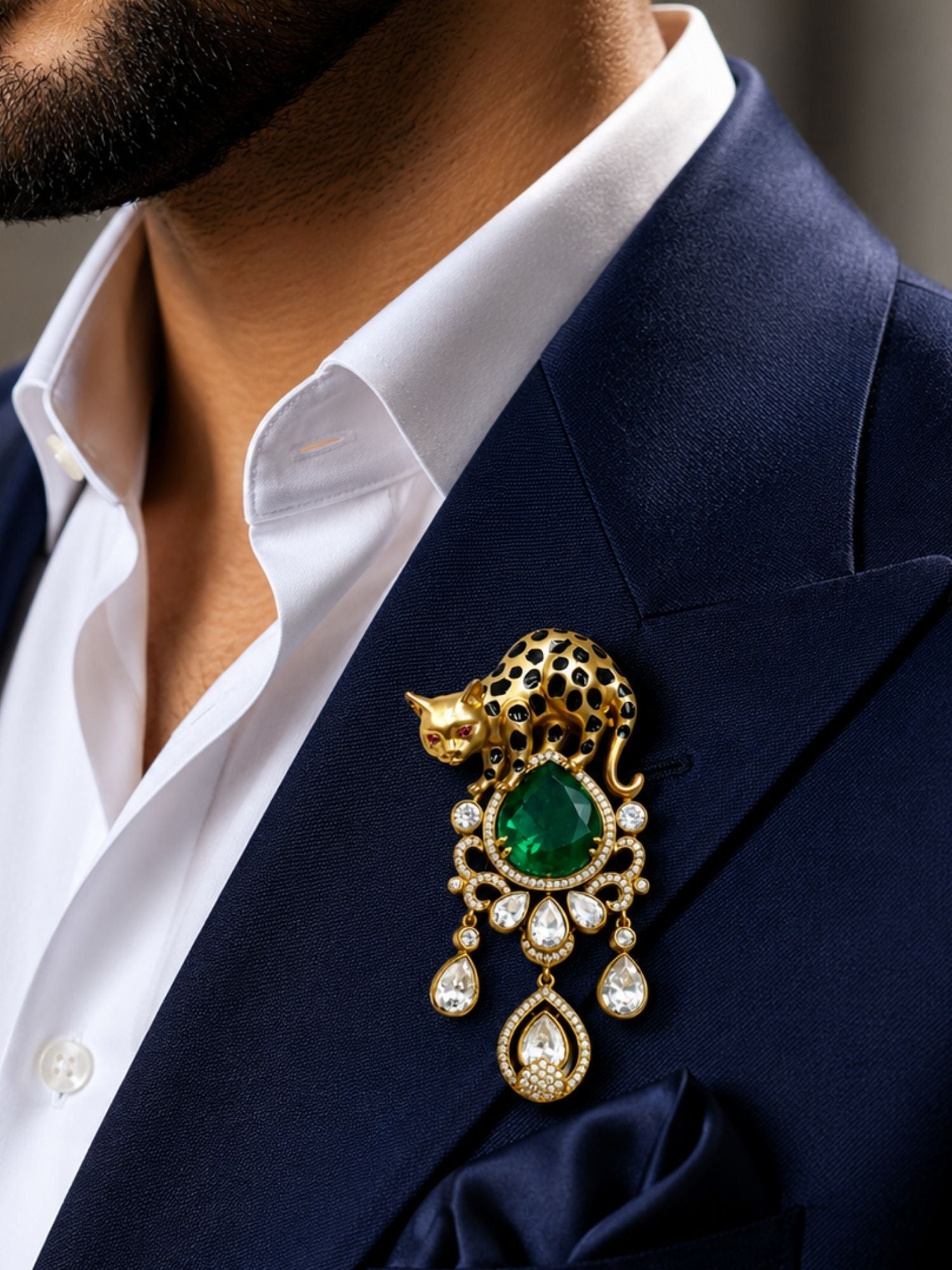 Royal Leopard Brooch Pin for Men & Women | Green Crystal Gold Plated Statement Lapel Pin