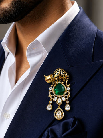 Royal Leopard Brooch Pin for Men & Women | Green Crystal Gold Plated Statement Lapel Pin