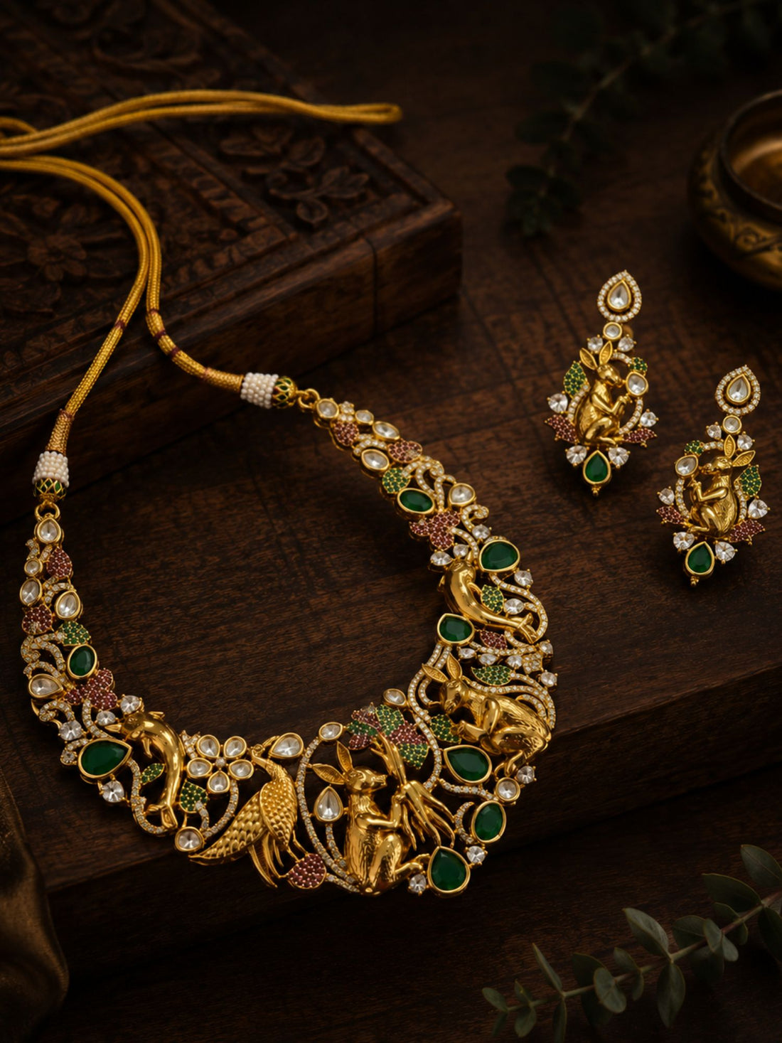 Antique Gold Plated Multicolor Kundan Peacock & Rabbit Necklace Set