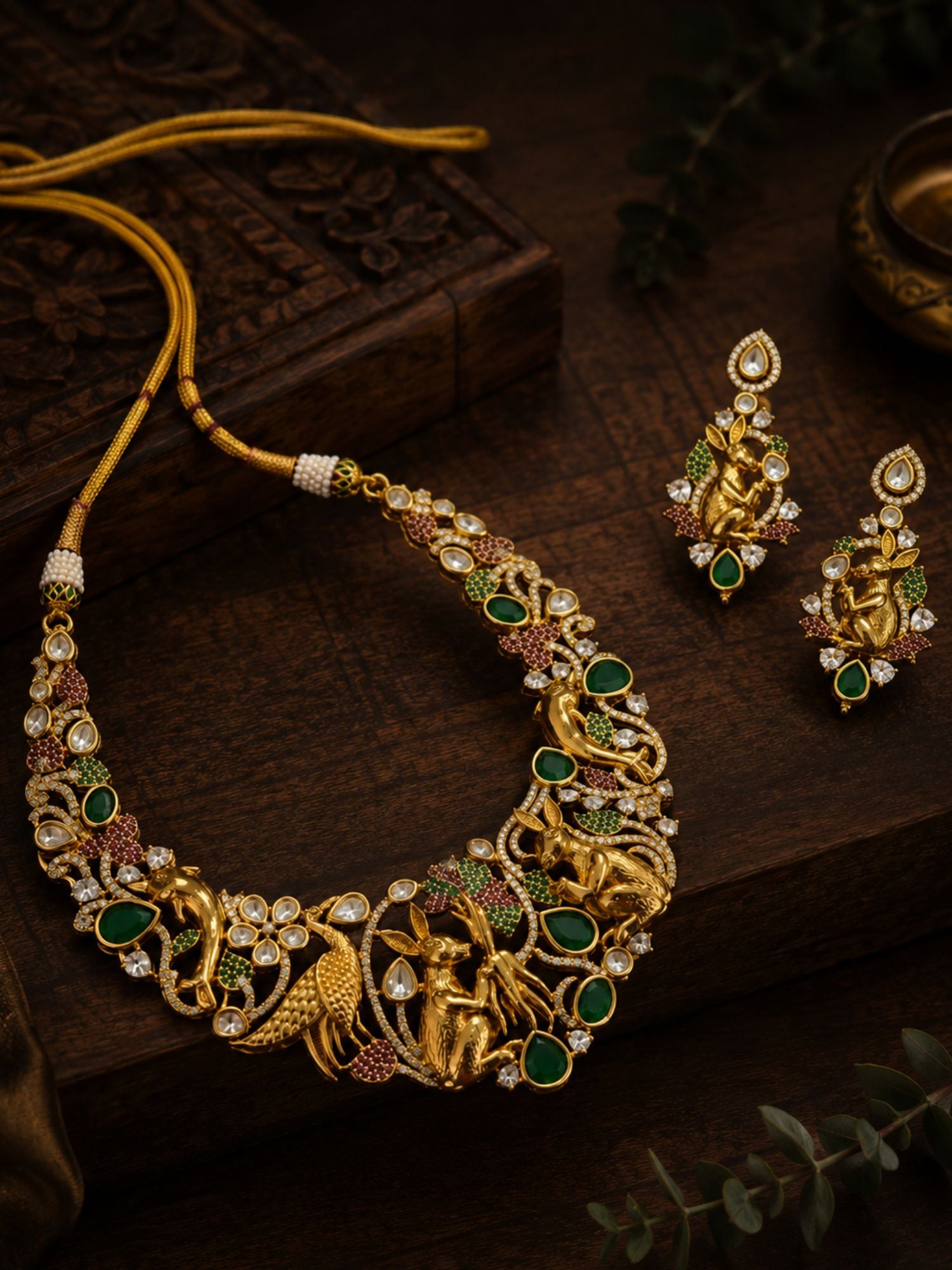 Antique Gold Plated Multicolor Kundan Peacock & Rabbit Necklace Set