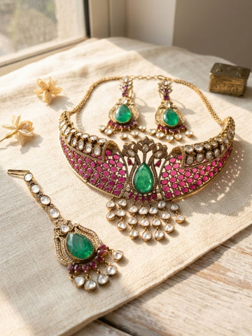 Abdesigns Heavy Bridal Choker Set with Maang Tikka & Earrings