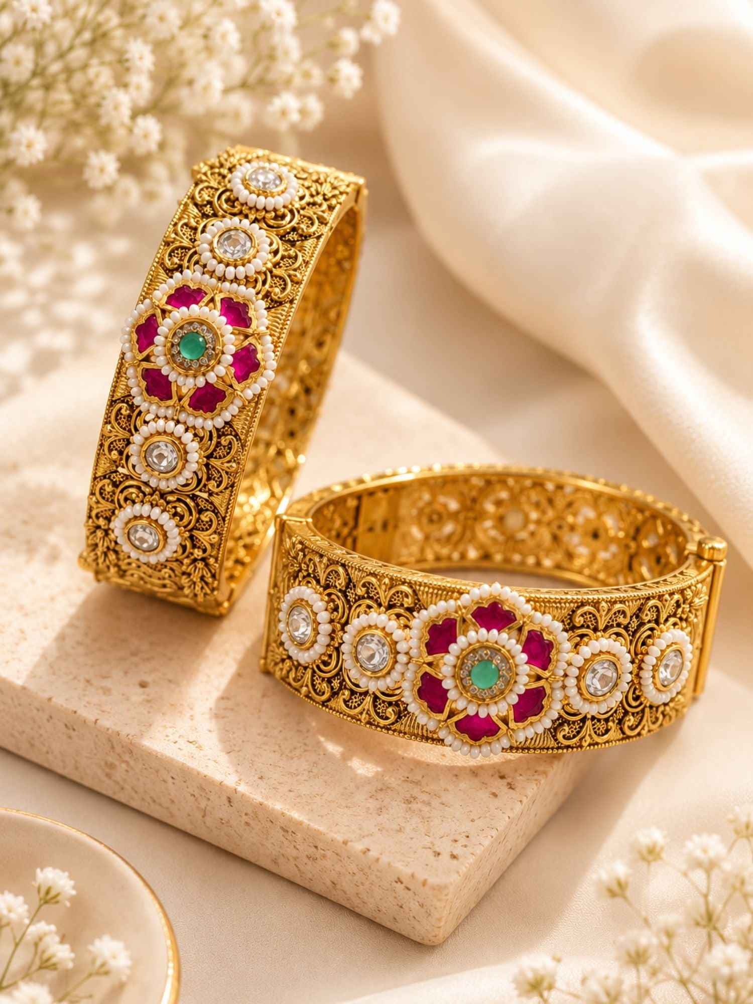 Antique Ahmedabadi Jadau Gold Kundan Floral Bangles – Bridal Set | Abdesigns