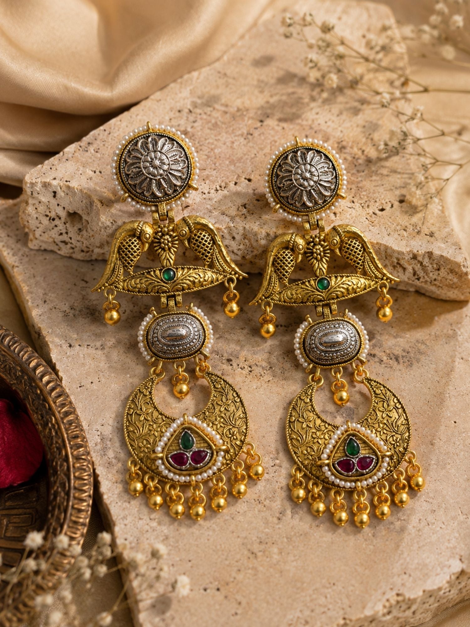 Dual Tone Pink Meenakari German Silver Jhumka Earrings Combo Set of 2 for Women